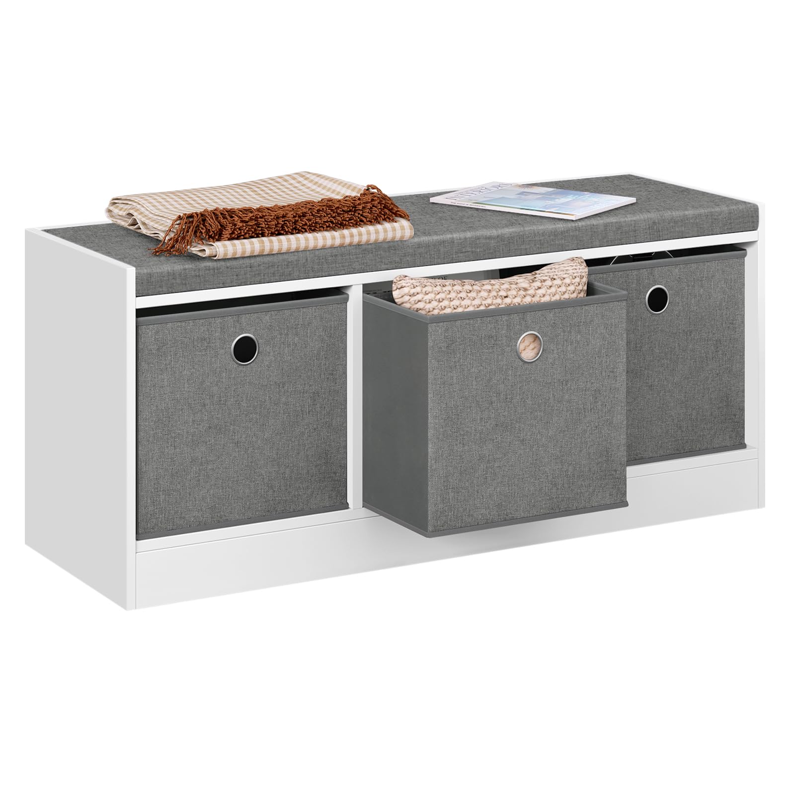 WOLTU Banco de Almacenaje, Baúl de Almacenaje con 3 Cajones de Tela, Banco Zapatero con Asiento Acolchado, Puff para Salon y Recibidor, Blanco+Gris