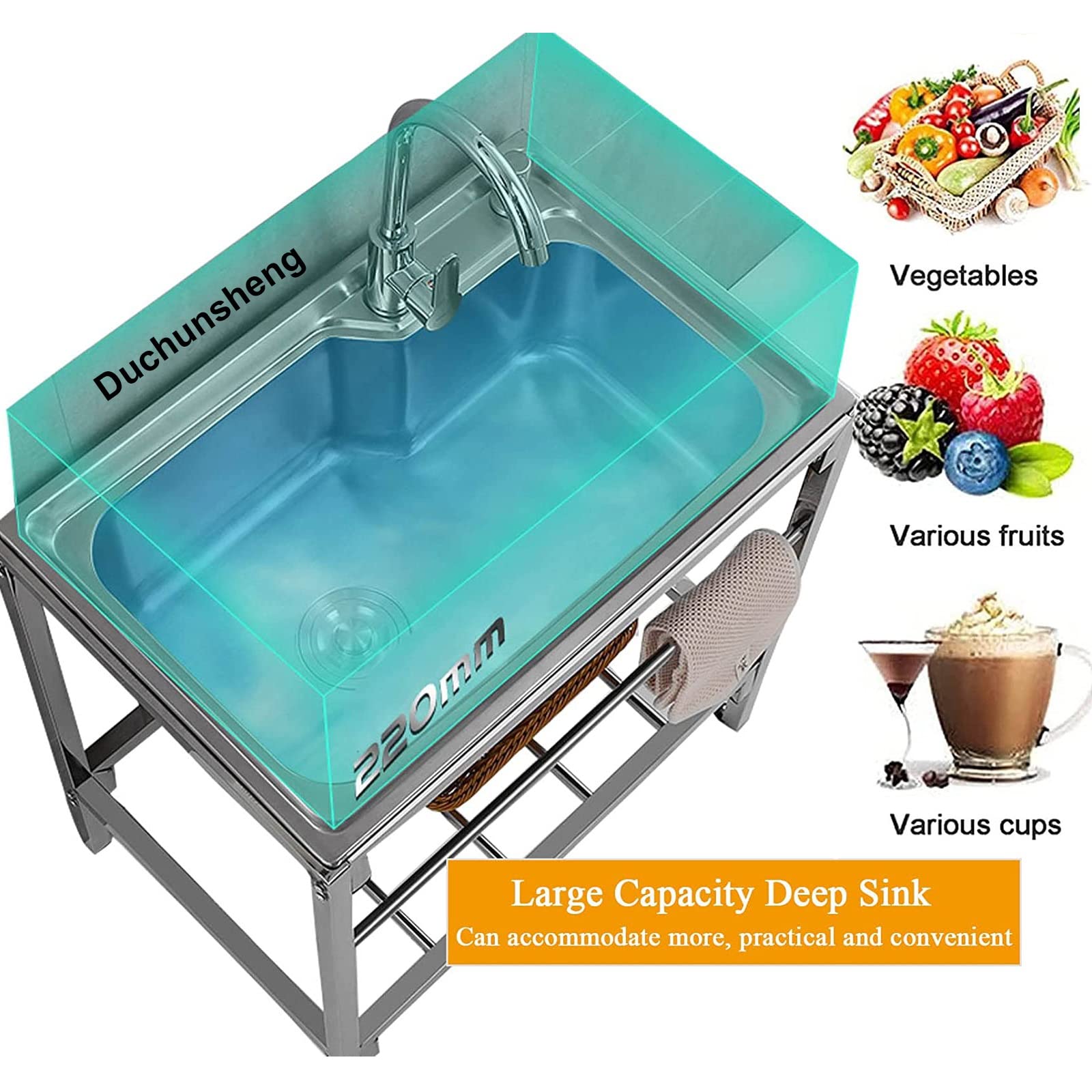 Evier Inox Meuble - Plan De Travail Evier De Cuisine - Jardin Plonge Avec Robinet, Durable Lavabo, Avec Robinet, Accessoires, Tuyau De Vidange, Bac Laver Pour Garage Camping Exterieur Intérieur