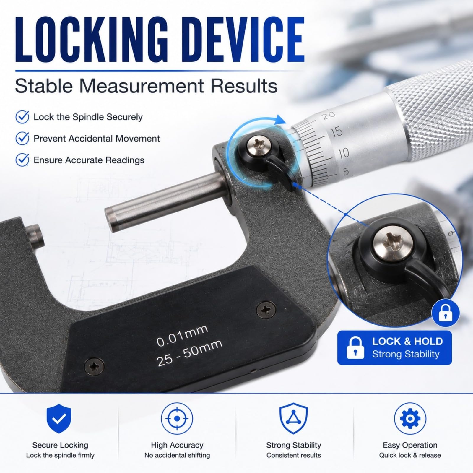 Micromètre Lvifloae Diamètre à l'extérieur Chrome Vanadium Steel Locking Mesurer Instrument de 25 à 50 mm Outils