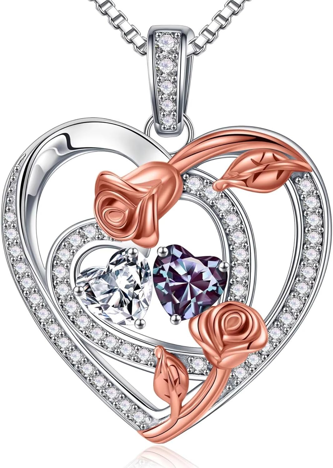 Iefil Valentines Day Gifts for Her - 925 Sterling Silver Rose Heart Birthstone Necklaces, Anniversary Birthday Gifts for Women Wife Girlfriend Mom