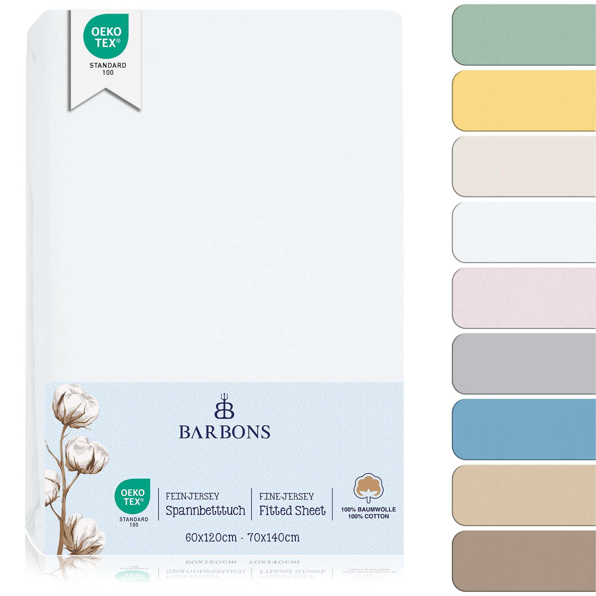 BARBONS Spannbettlaken für Baby Kinderbett 60x120 / 70x140-100% Jersey Baumwolle Spannbetttuch Oeko-TEX Standard 100 Zertifiziert Bettlaken für Babybett - Weiss 60 x 120/70 x 140 cm 2er
