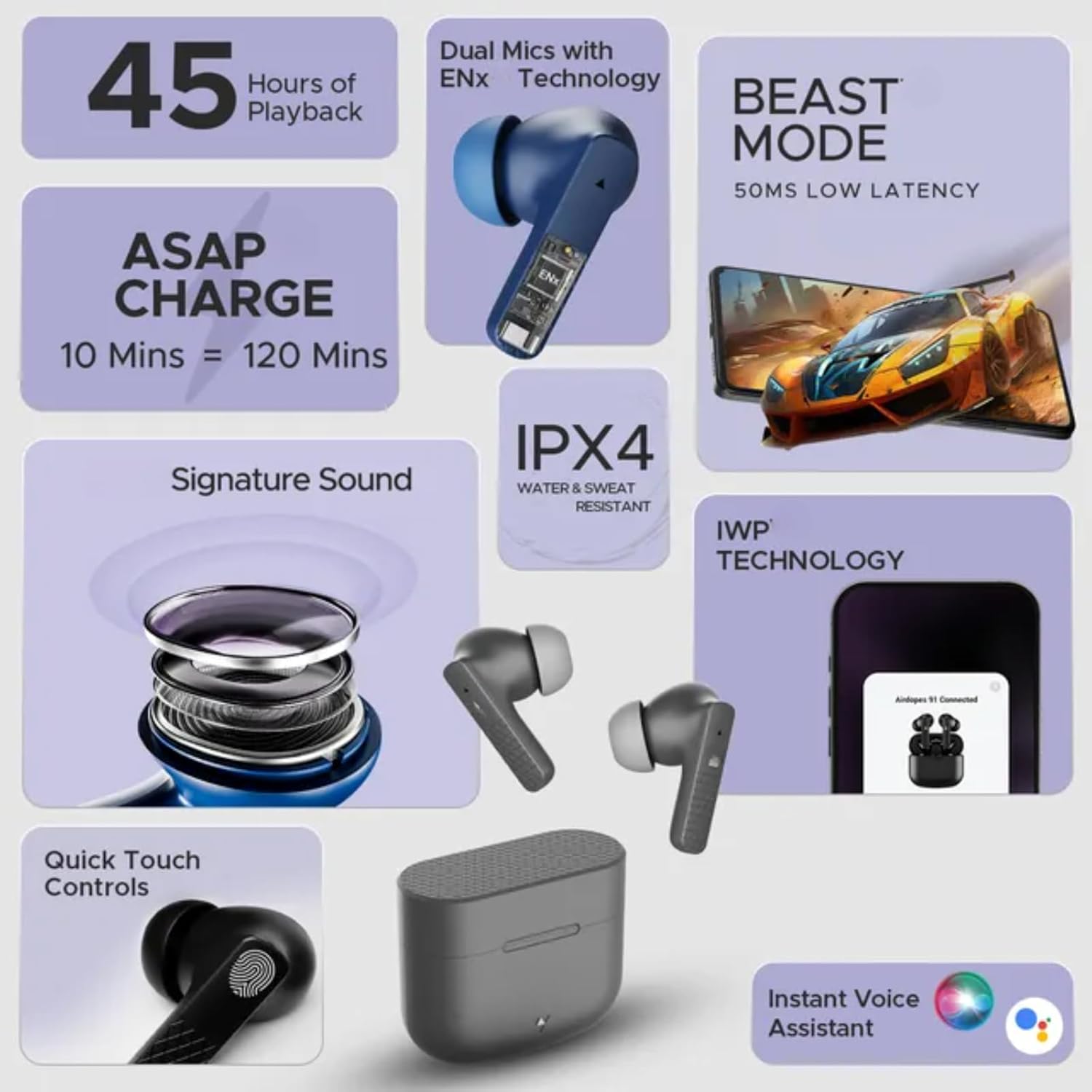 91 PRO Truly Wireless in Ear Earbuds with 45Hrs Playtime, AI-ENC Mic, Bluetooth 5.3 with Low Latency Gaming, 13mm Bass Drivers, Type-C Fast Charging, Touch Controls, IPX5 Waterproof TWS (Black)