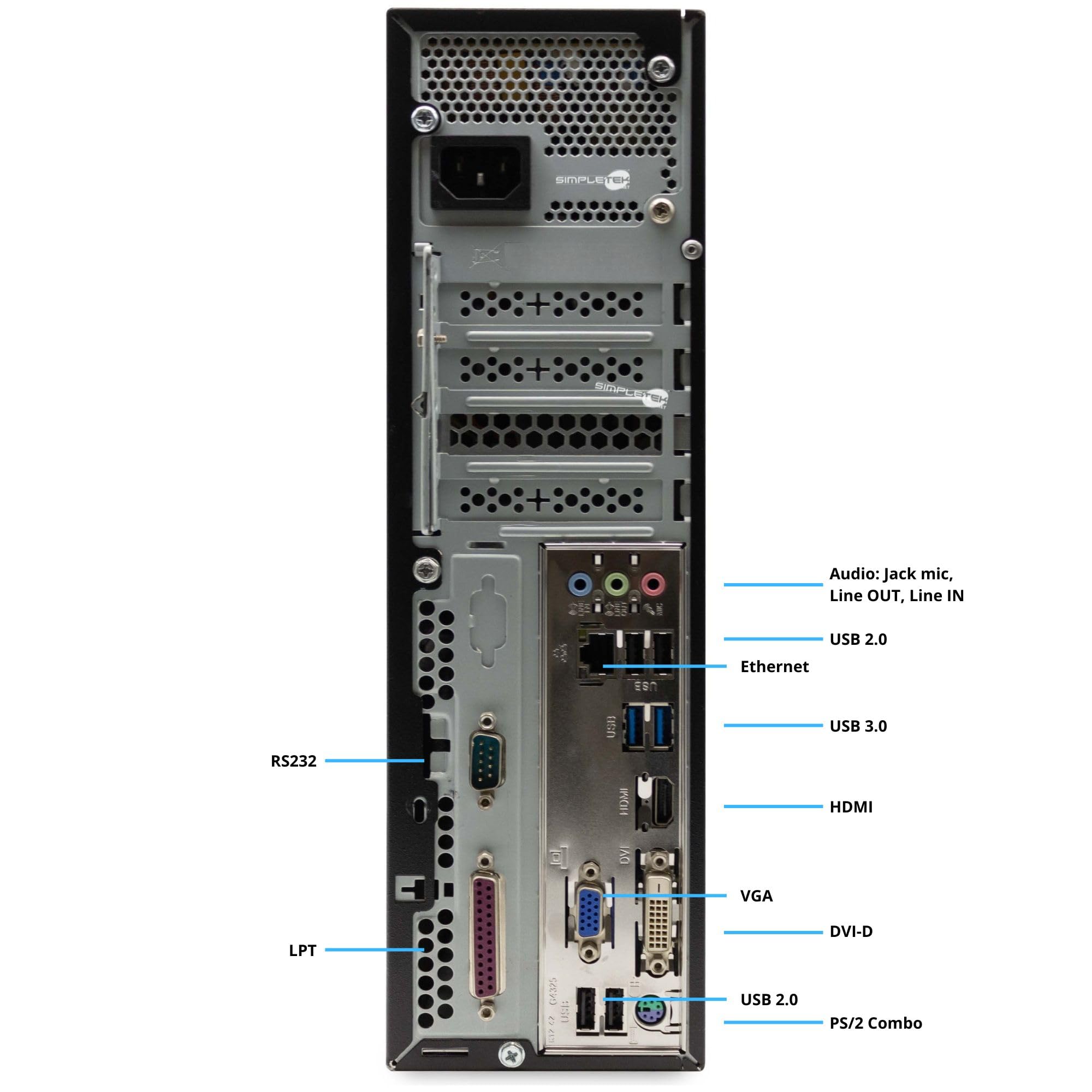 SIMPLETEK - PC Fisso SFF i3 DVD-RW | 8GB RAM 120GB SSD | Win 11 Pro | Seriale RS232 Parallela LPT | HDMI DVI VGA USB PS/2 (Ricondizionato)