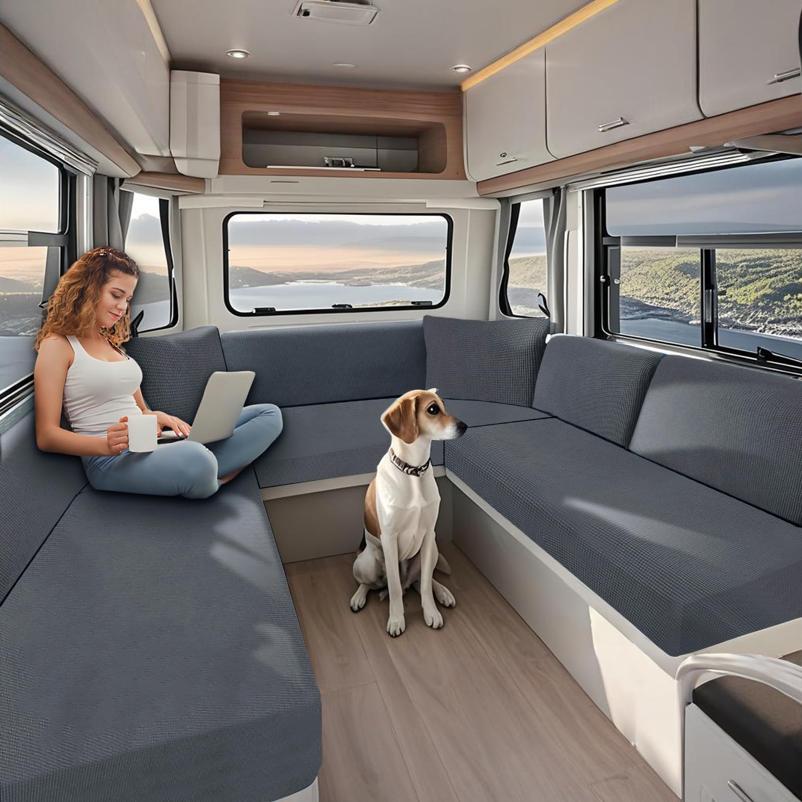 KYJSW High Stretch Caravan Couch Seat Cover Backrest Cover Double Non-Slip RV Dinette Cushion Covers With Elasticated And Tie-Down Straps (Grey,W 100-125 cm, D 50-70 cm)