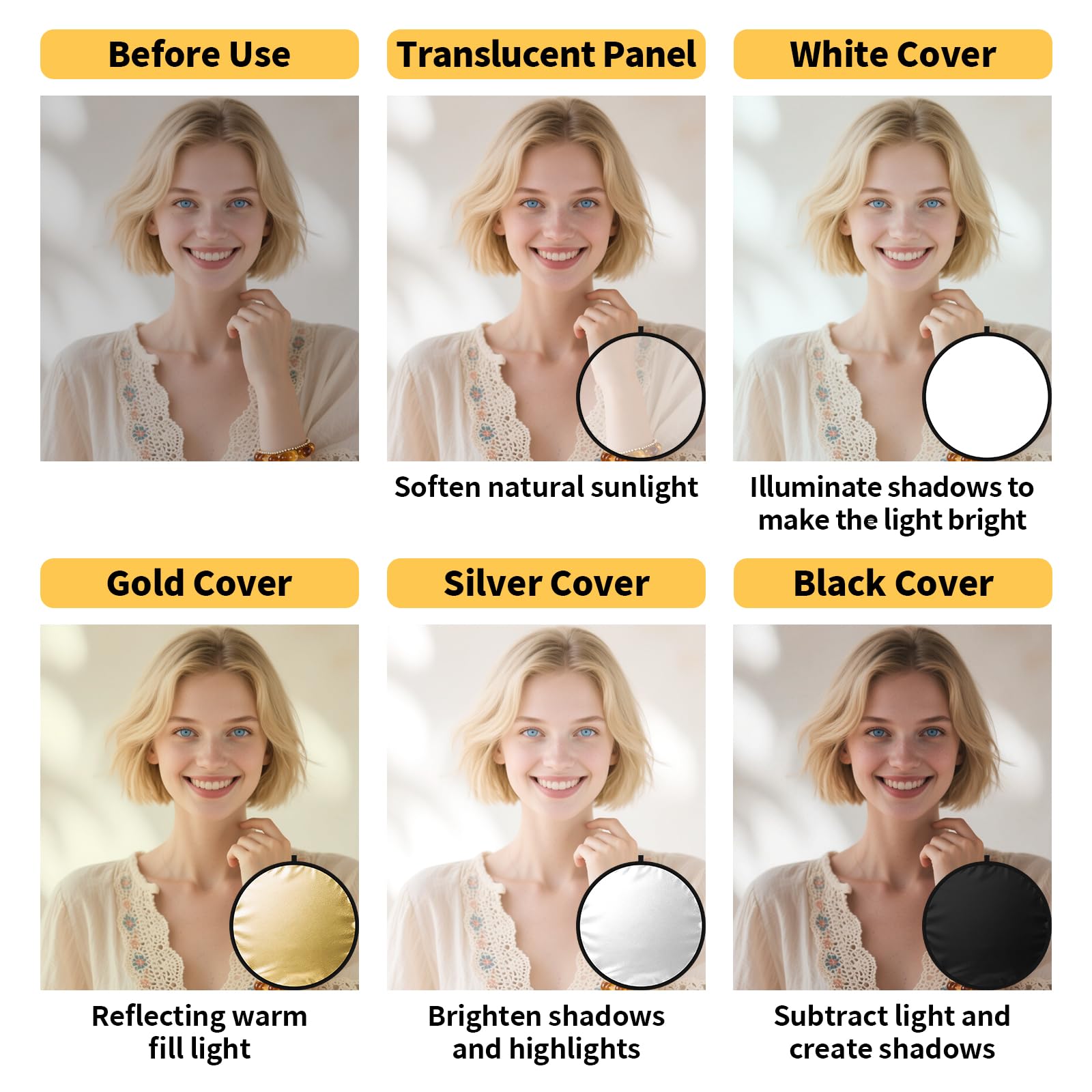 Riflettori di luce da 130 cm per fotografia con pannello diffusore 5 in 1 e borsa, riflettore fotografico ideale per creatori di contenuti essenziali e fotografi in argento, oro, bianco e nero