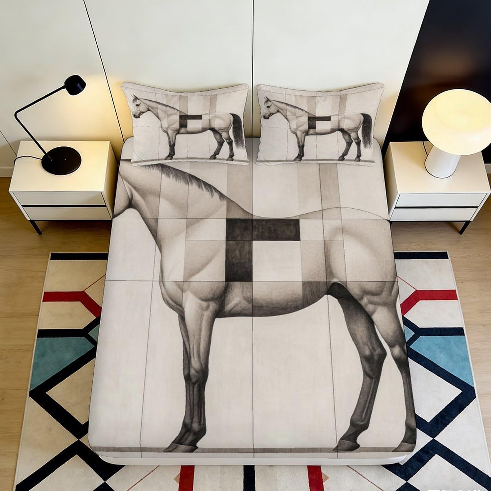 Uynsixtme Style-3 3D Printed Horse Design Fitted Sheet Microfiber Deep Pocket Non-Slip Bedroom Bedding Full Wrap Horse Mattress Fitted Cover Washable 200X200x25cm