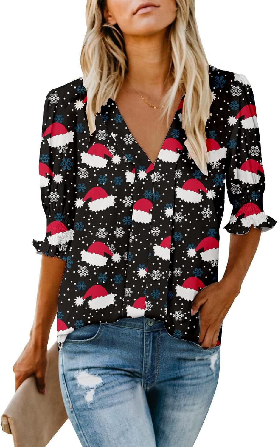 Thanksgiving Blouses Women's Dressy Tops Smocked Sleeve Deep V Neck Fall Turkey Costume Blouse