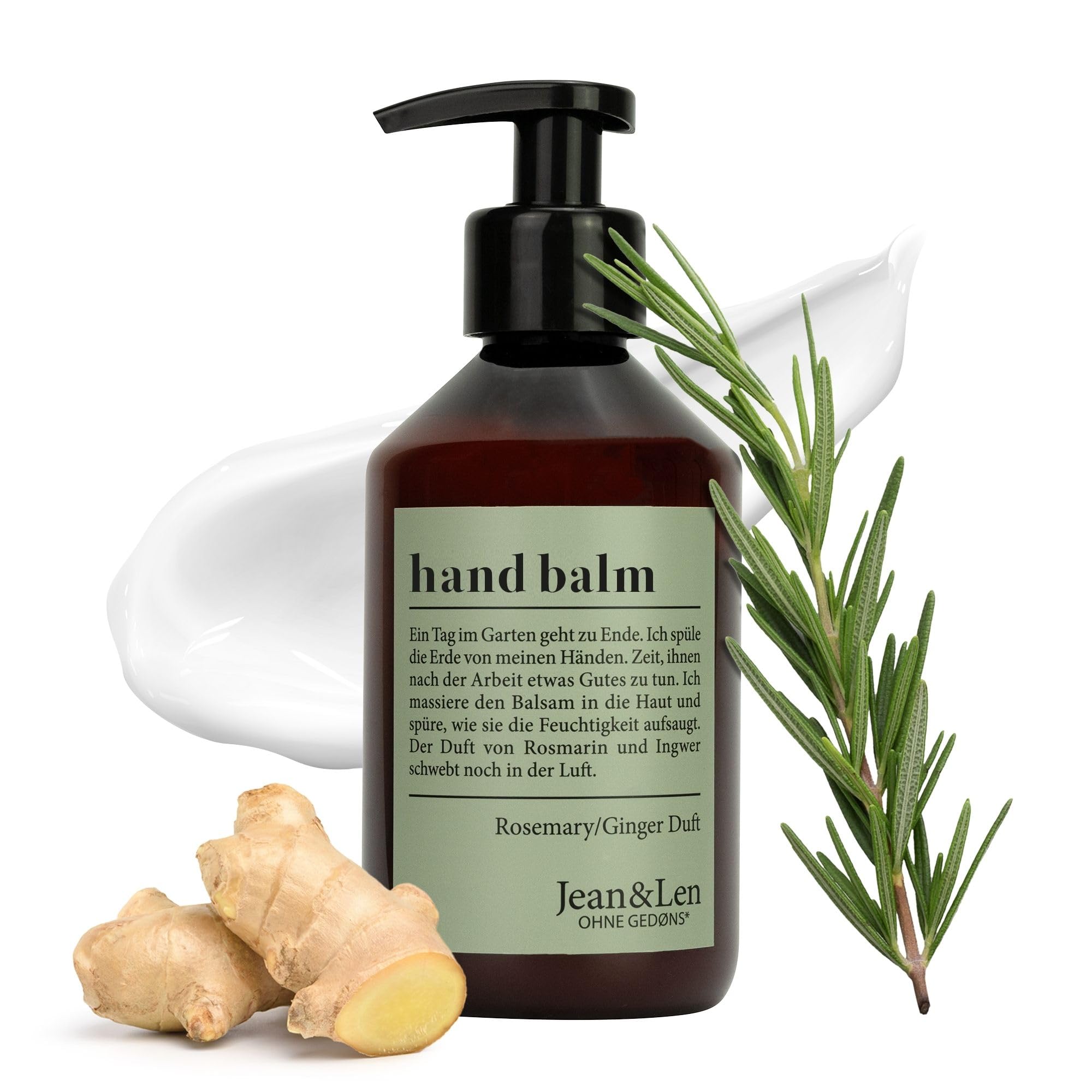 Jean & Len Hand Balm Rosemary & Ginger, mit Bio-Arganöl, Sheabutter und Vitamin E für eine weiche Haut, feuchtigkeitsspendende Handpflege für beanspruchte Haut, aromatisch-frischer Duft, 250 ml