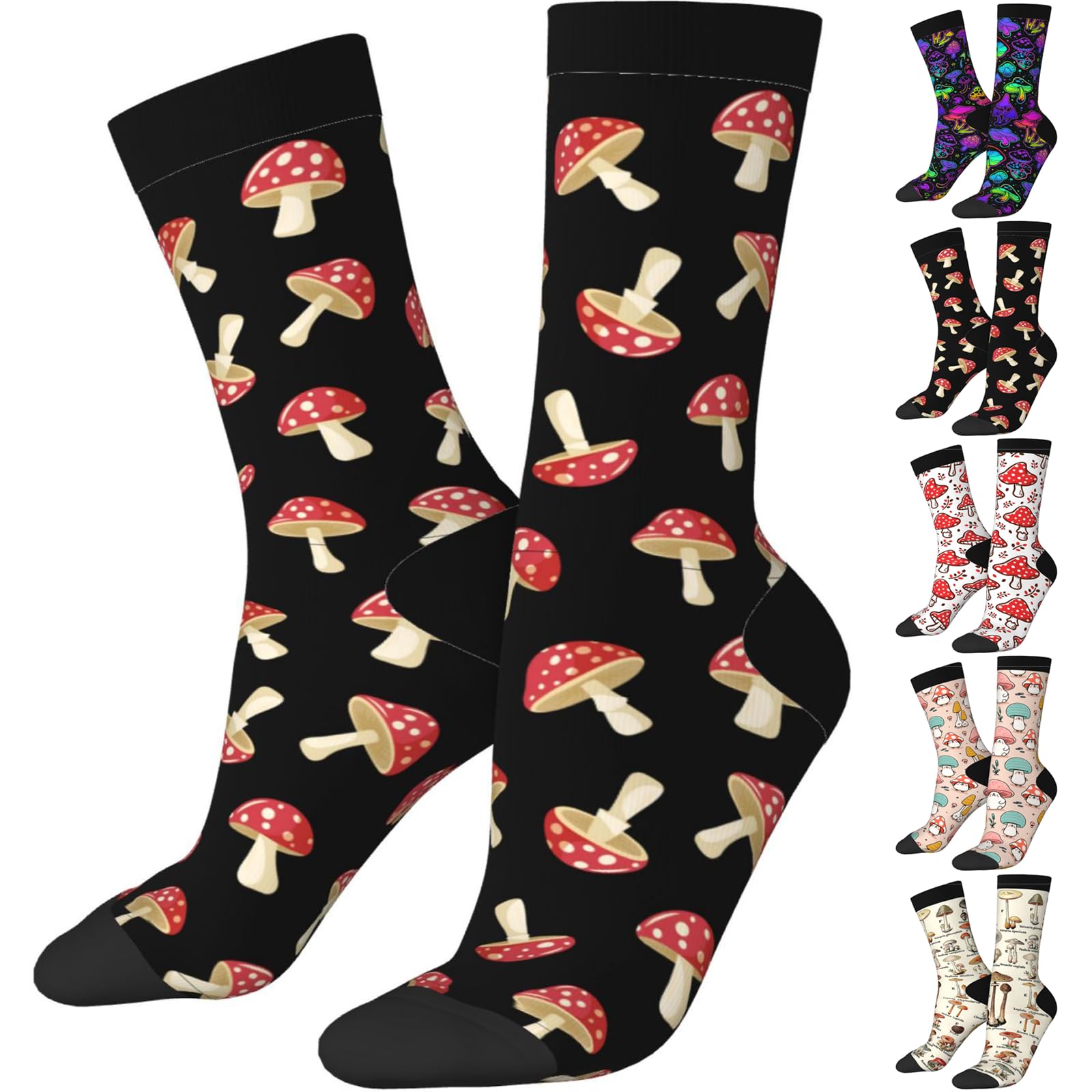 ZHIFU Funny Crew Mushroom Socks For Mushroom Lover, Cute Mushroom Printed Casual Novelty Sock Mushroom Gifts For Men Women, Mushroom Gifts Black, One Size