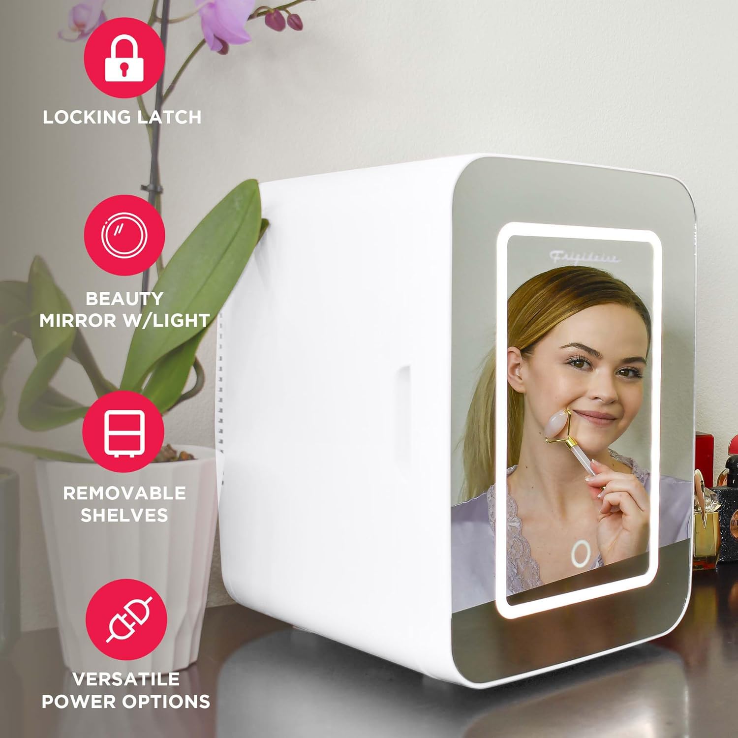Frigidaire Mini Personal Fridge Cooler, LED Lighted Mirror, 6.5L Capacity, Chills 9 Cans, or Makeup and Skincare, Portable & Compact