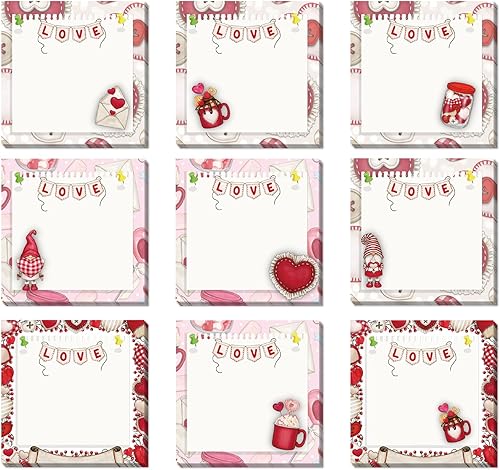 9 notas adhesivas de corazón para el día de San Valentín, autoadhesivas, notas adhesivas de corazón de San Valentín, blocs de notas adhesivas para