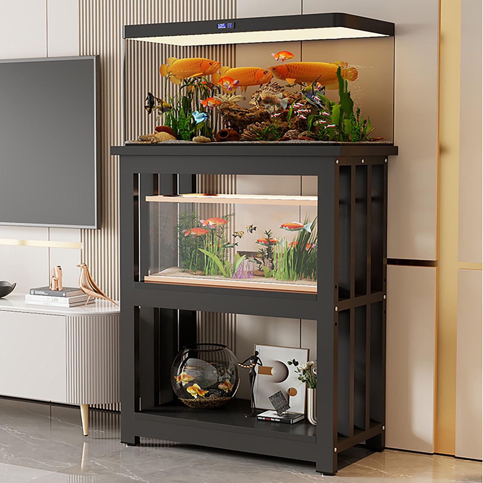 Multi-Tier Aquarium Stand Cabinet - Adjustable Steel Shelf for Large Fish Tanks - Versatile Reptile Rack & Terrarium Table for Home/Office Use