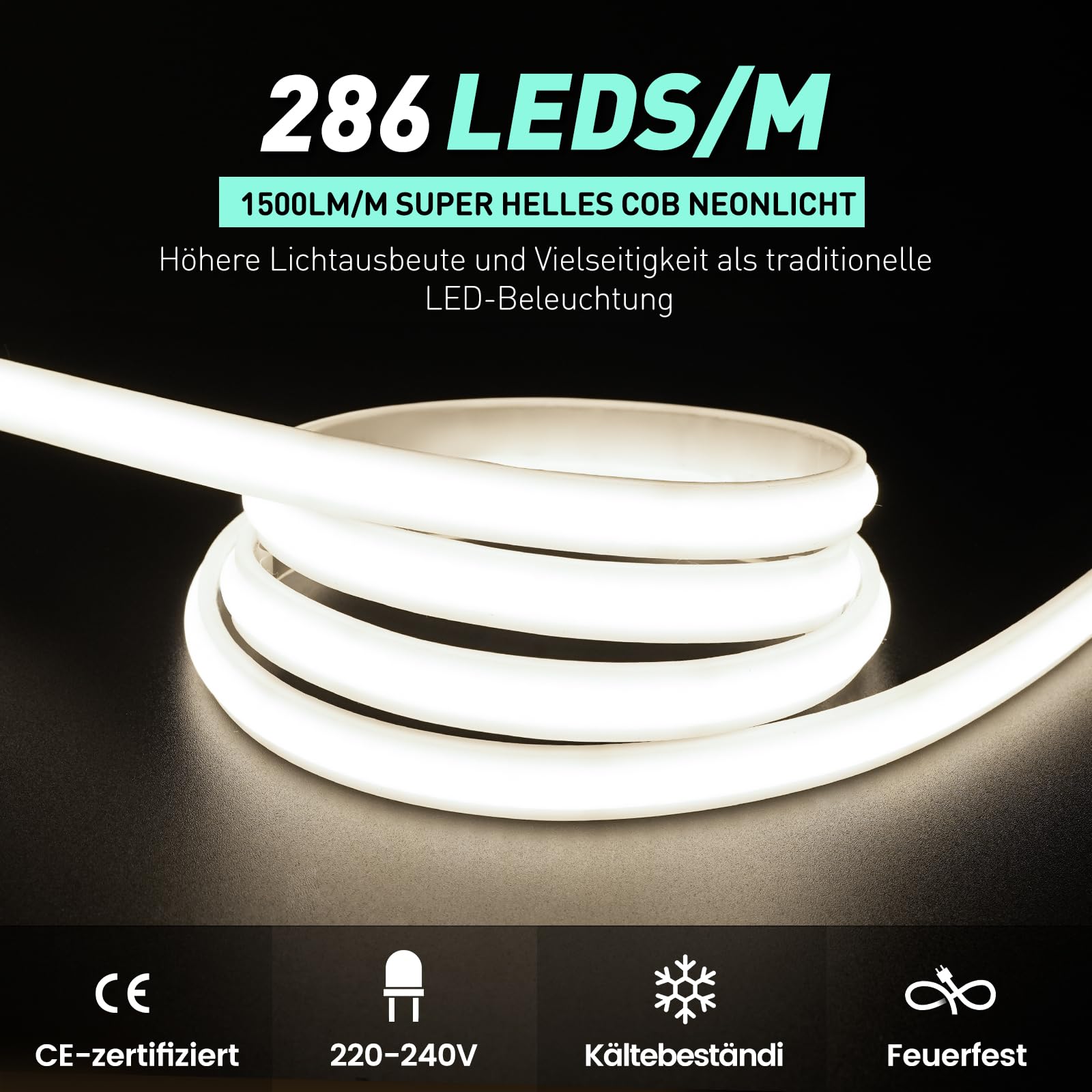 GZBtech AC 230V COB LED Streifen 5M, Silikon Neutralweiss 4000K Wasserdicht 286LEDs/M Dimmbar Outdoor Neon Lichtleiste LED Strip Light für Schlafzimmer, Wand, Küche, Wohnzimmer,CE-zertifiziert
