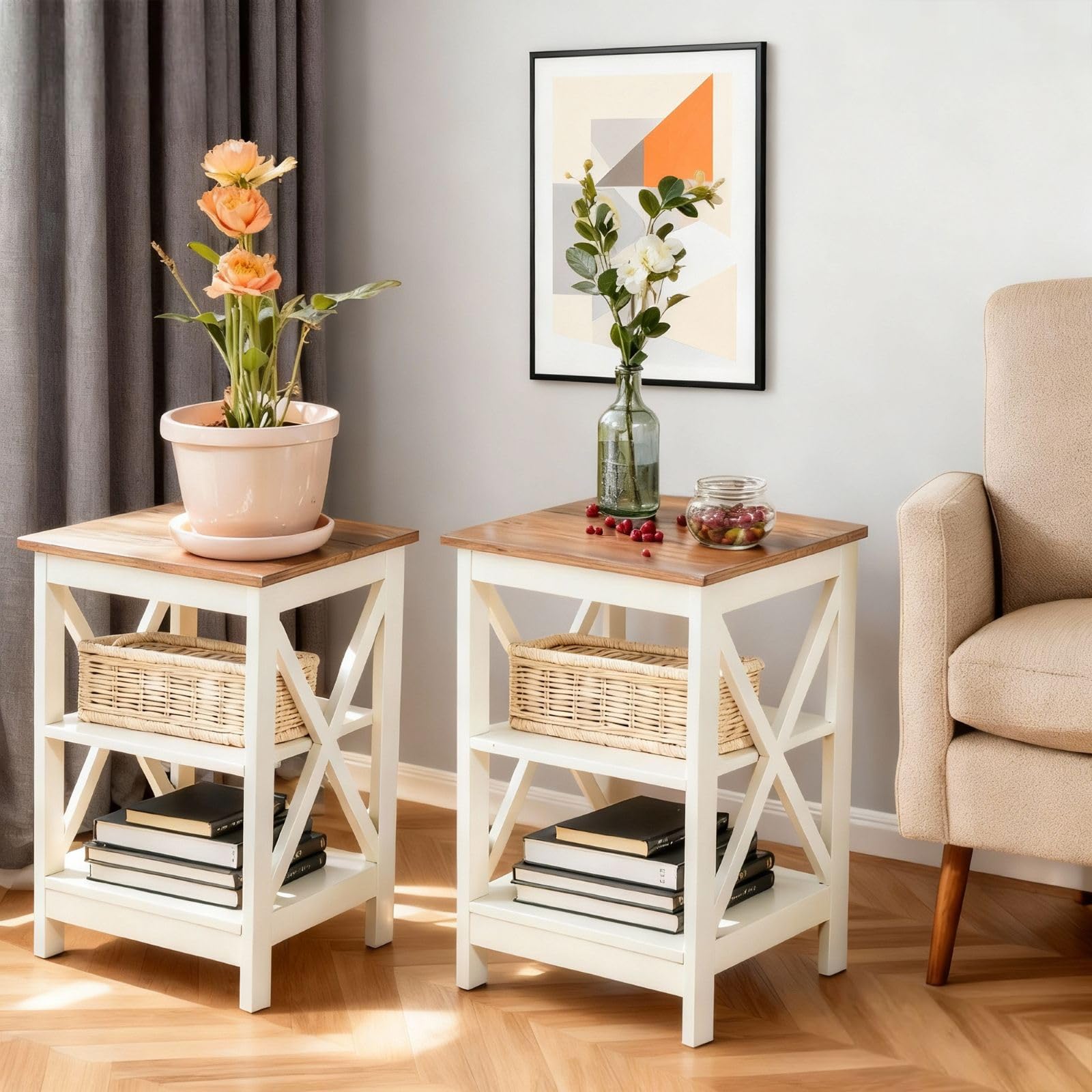 Oneinmil Mesa Auxiliar Rústica Con Contenedores De Almacenamiento, Muebles De Granja, Taburete