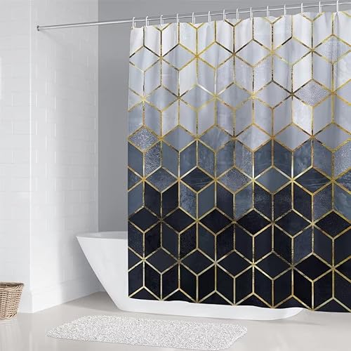 Miniatura 6 de Juego de 4 cortinas de ducha con degradado azul, juego de cortina de ducha geométrica moderna con líneas cúbicas doradas, juego de baño (azul)