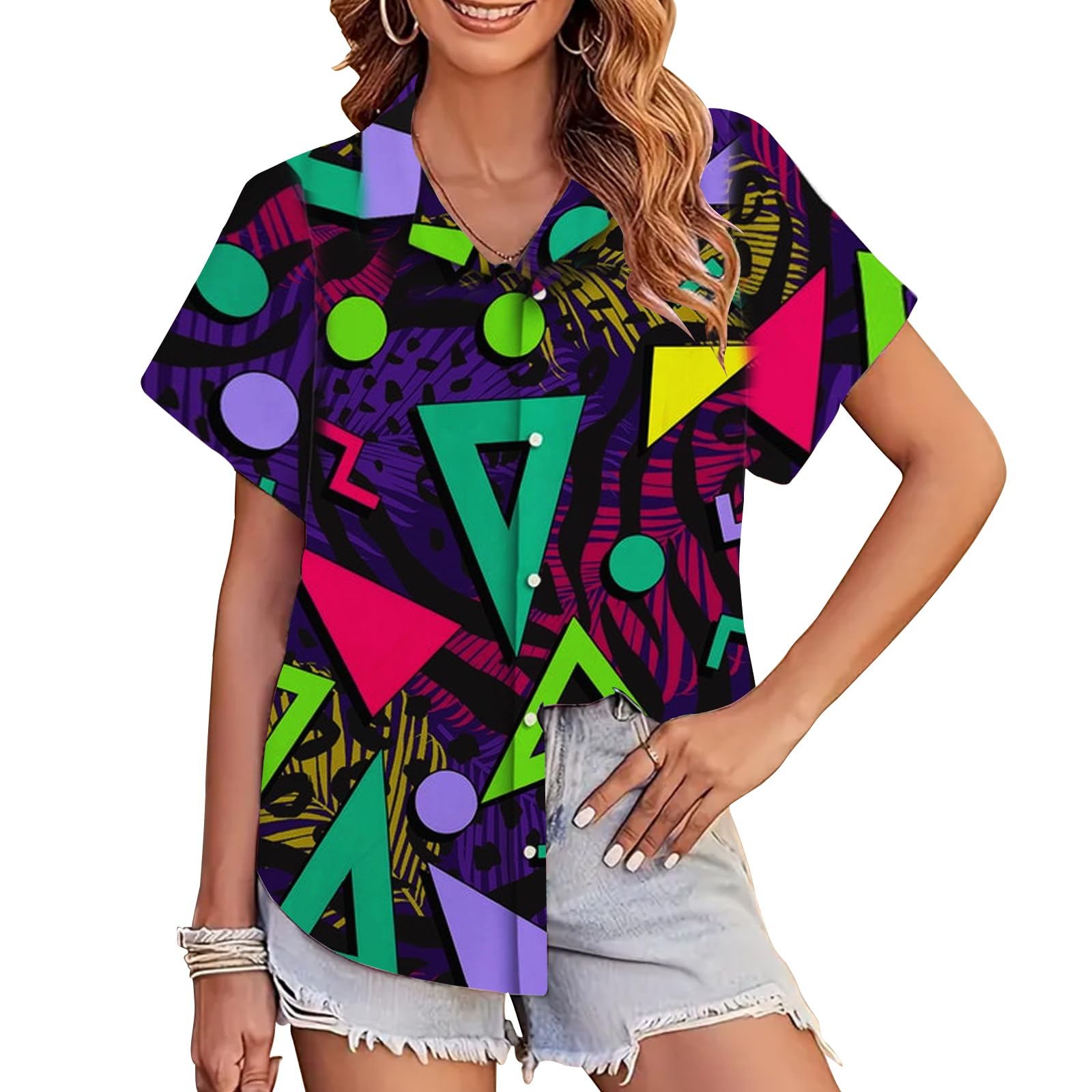 80s 90s Outfits for Women 80s Party Themed Outfit Shirt 90s Hawaiian Button Down Shirts Retro Neon Disco tee Tops