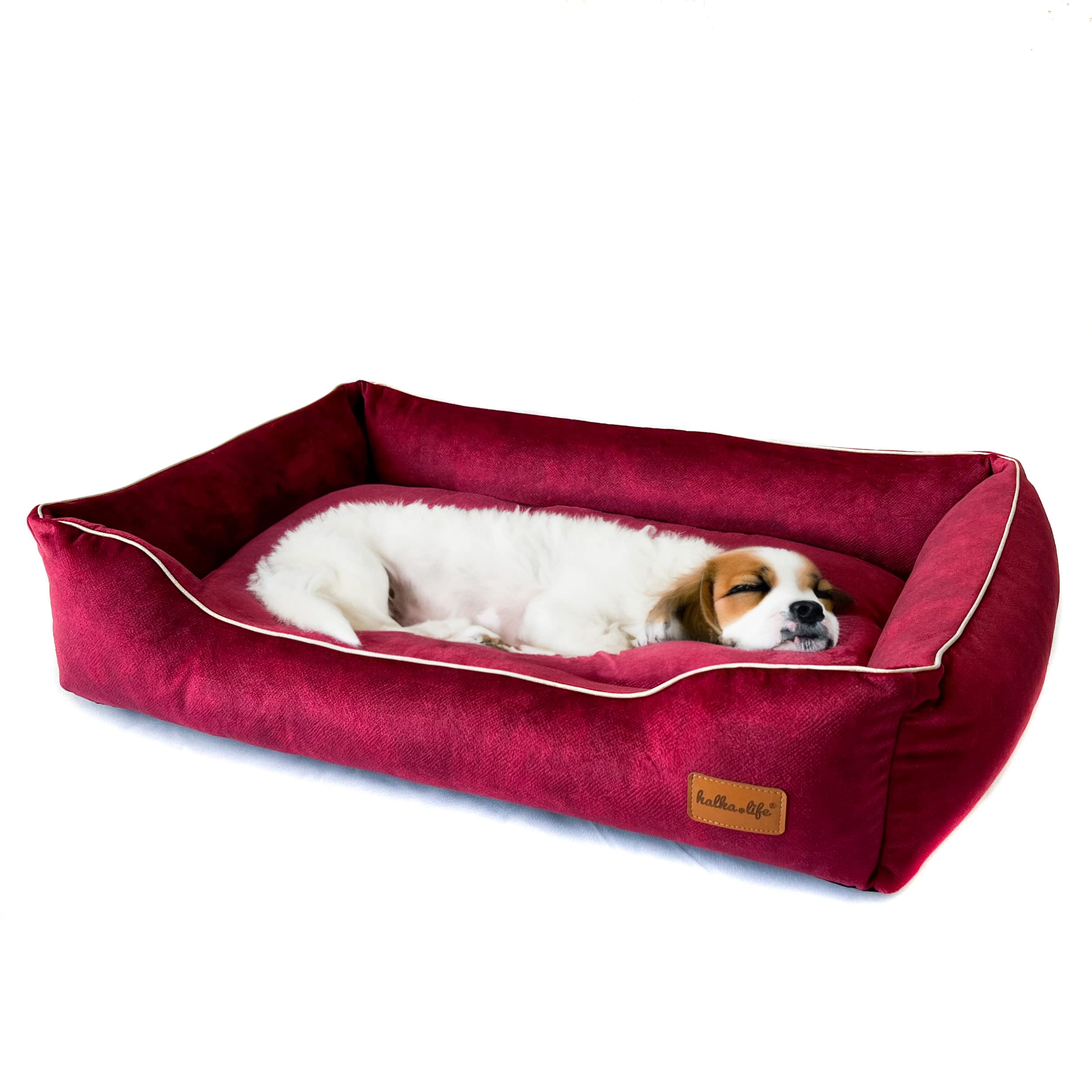 Halkalife Sofa for a Small Dog - a Dog Bed with Raised Sides - a Dog Sofa made of Upholstery Material - a velvet cat bed - a Detachable Dog Bed (S (17,7 x 25,6 x 5,9 inches), Cherry)