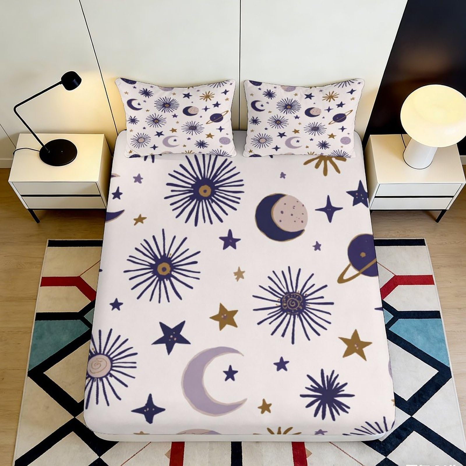 3D Printed Celestial Moon Star Fitted Sheet Microfiber Soft Breathable Cosmic Planet Mattress Cover Bedroom Decor 180x200x25cm