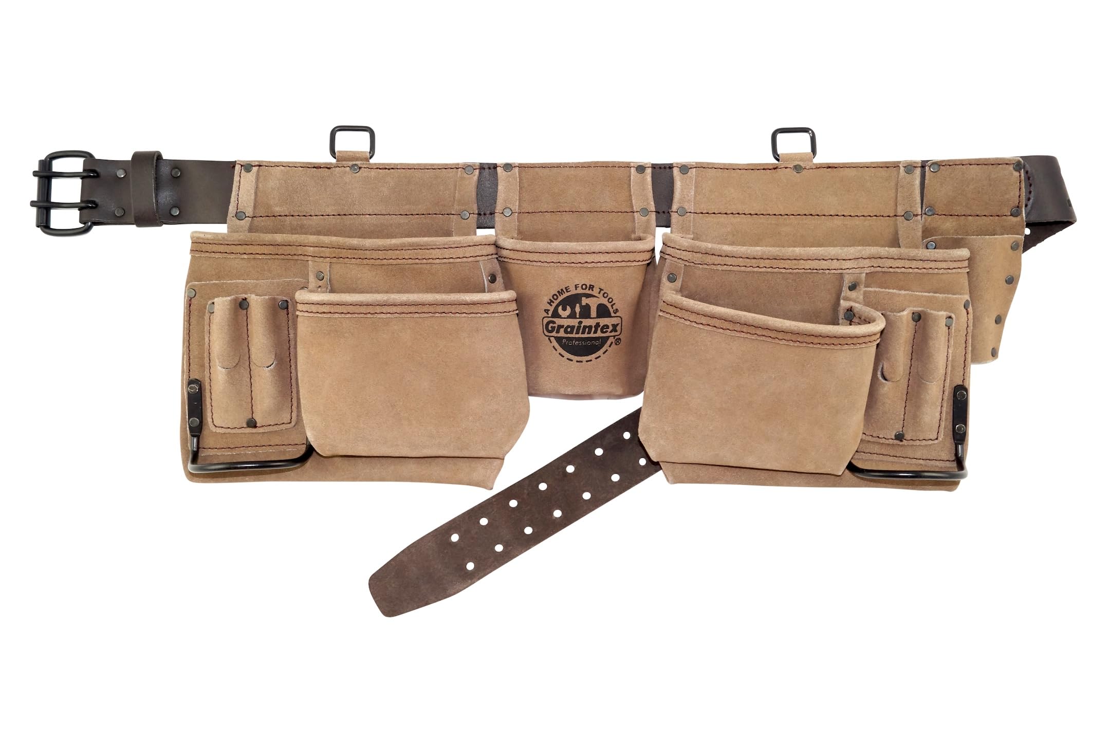 Graintex Beige Ds2038 12 Pocket Professional Work Apron Color Suede Leather With 2” Leather Belt, 2 Hammer Holders For Constructors, Electricians, Plumbers, Handymen