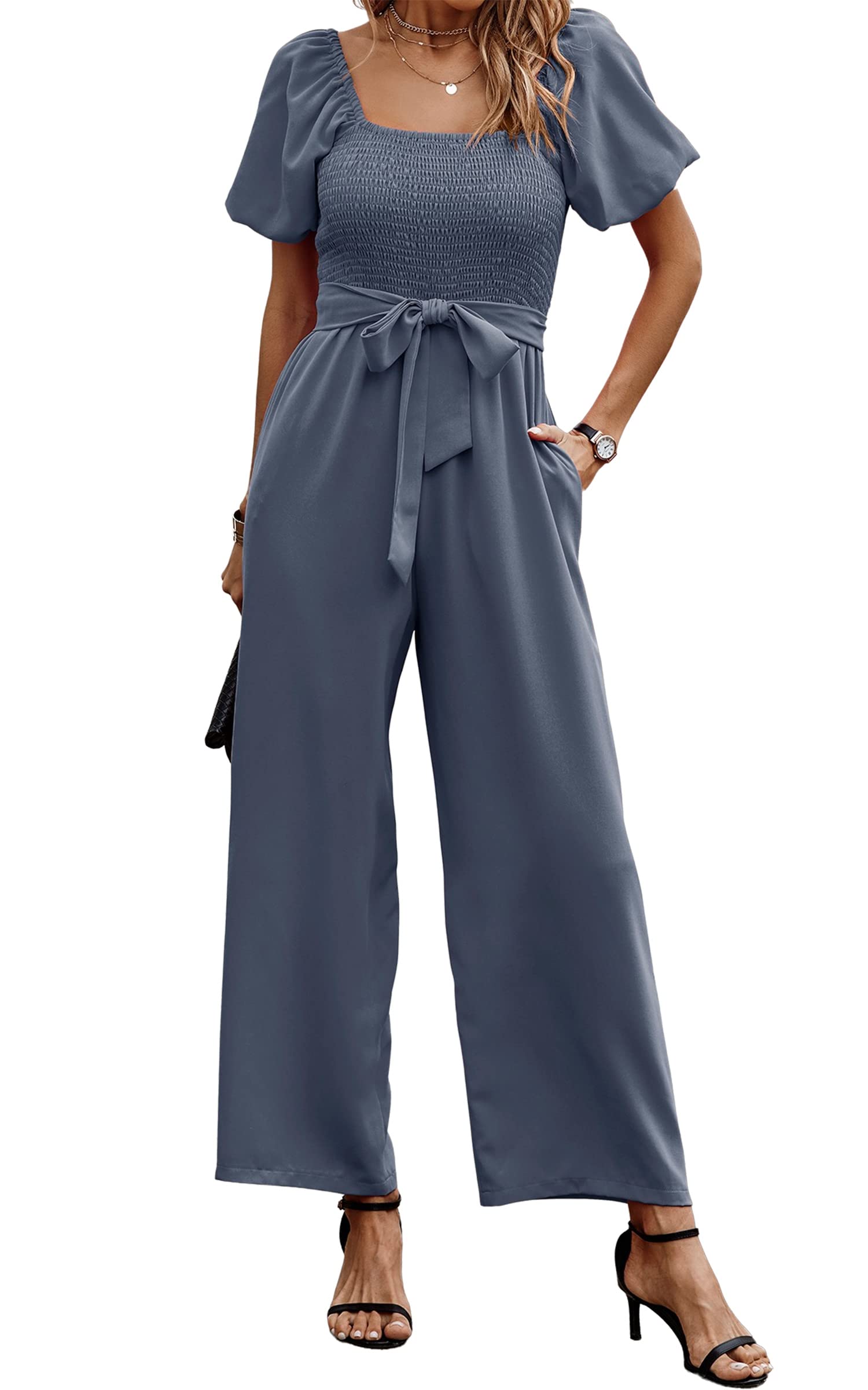 Mono elegante de verano para mujer, con escote cuadrado y cinturón, manga corta, mangas abullonadas, pernera ancha