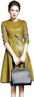 Womens Faux Leather Fashion Long Sleeve A-line Midi Dress with Belted - Buy now