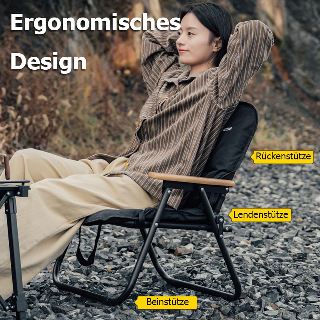 Großer Campingstuhl Klappstuhl mit Holzarmlehnen, Gepolsterter Gartenstühle Tragbarer Outdoor Anglerstuhl, Weicher Camping Stuhl für Picknick Reisen Hinterhof
