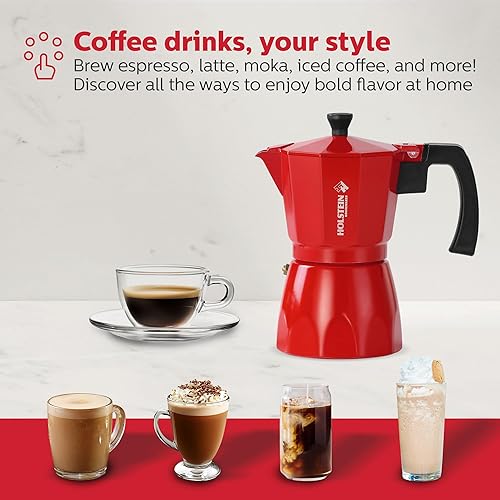 Miniatura 9 de Holstein Housewares - Cafetera de aluminio para estufa de 6 tazas y olla moka - Café expreso tradicional de gran sabor, café italiano y cubano en