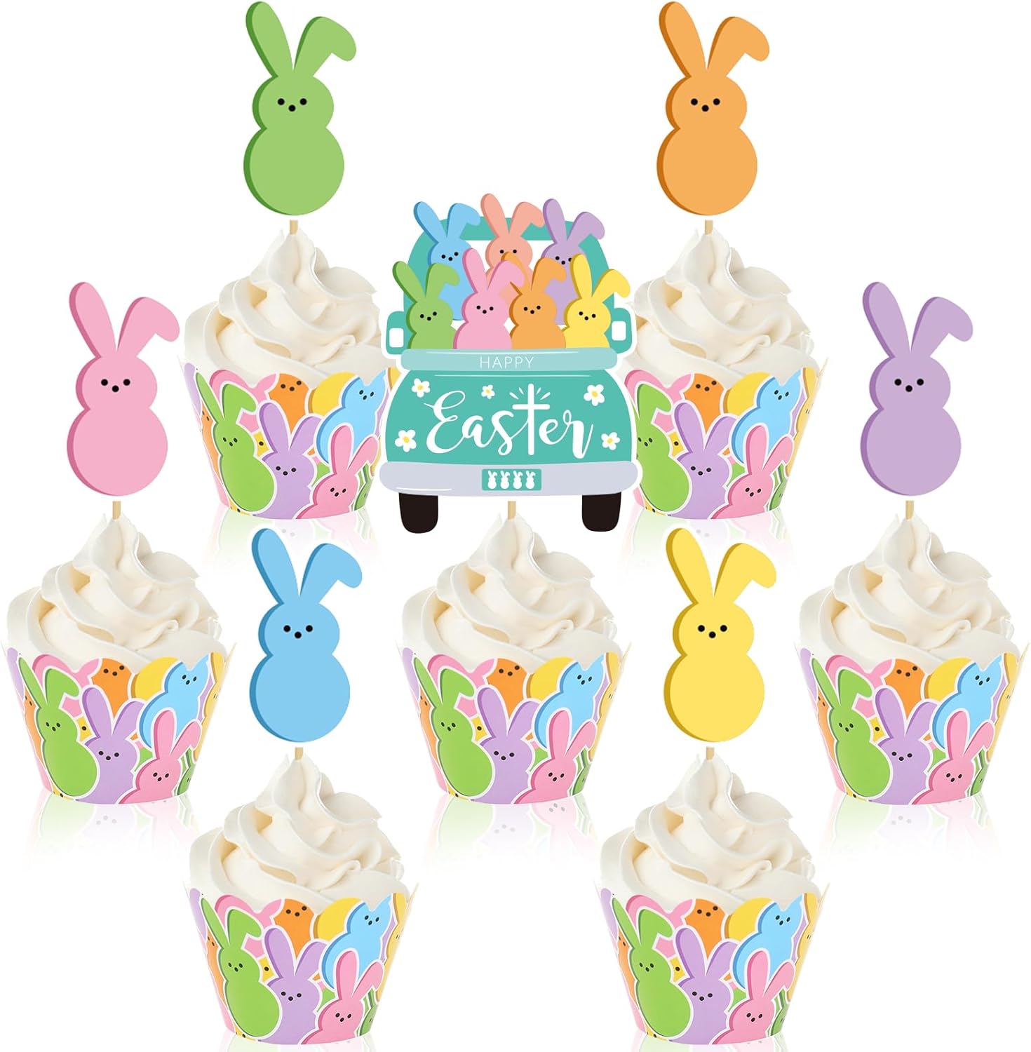 Whaline 72 Pcs Easter Cupcake Toppers and Cupcake Wrappers Set Colorful Easter Bunny Rabbit Truck Dessert Decorations for Spring Birthday Party Supplies