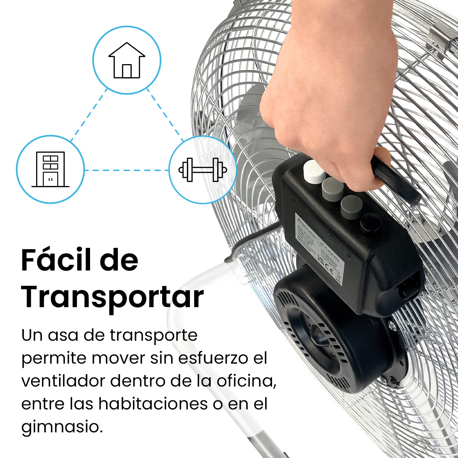 Pro Beeze Ventilador de Suelo Industrial de 50 cm (20") con Asa de Transporte para Hogares y Gimnasios. Potente Motor de 120 W, 3 Velocidades y Cabezal Ajustable - Cromado