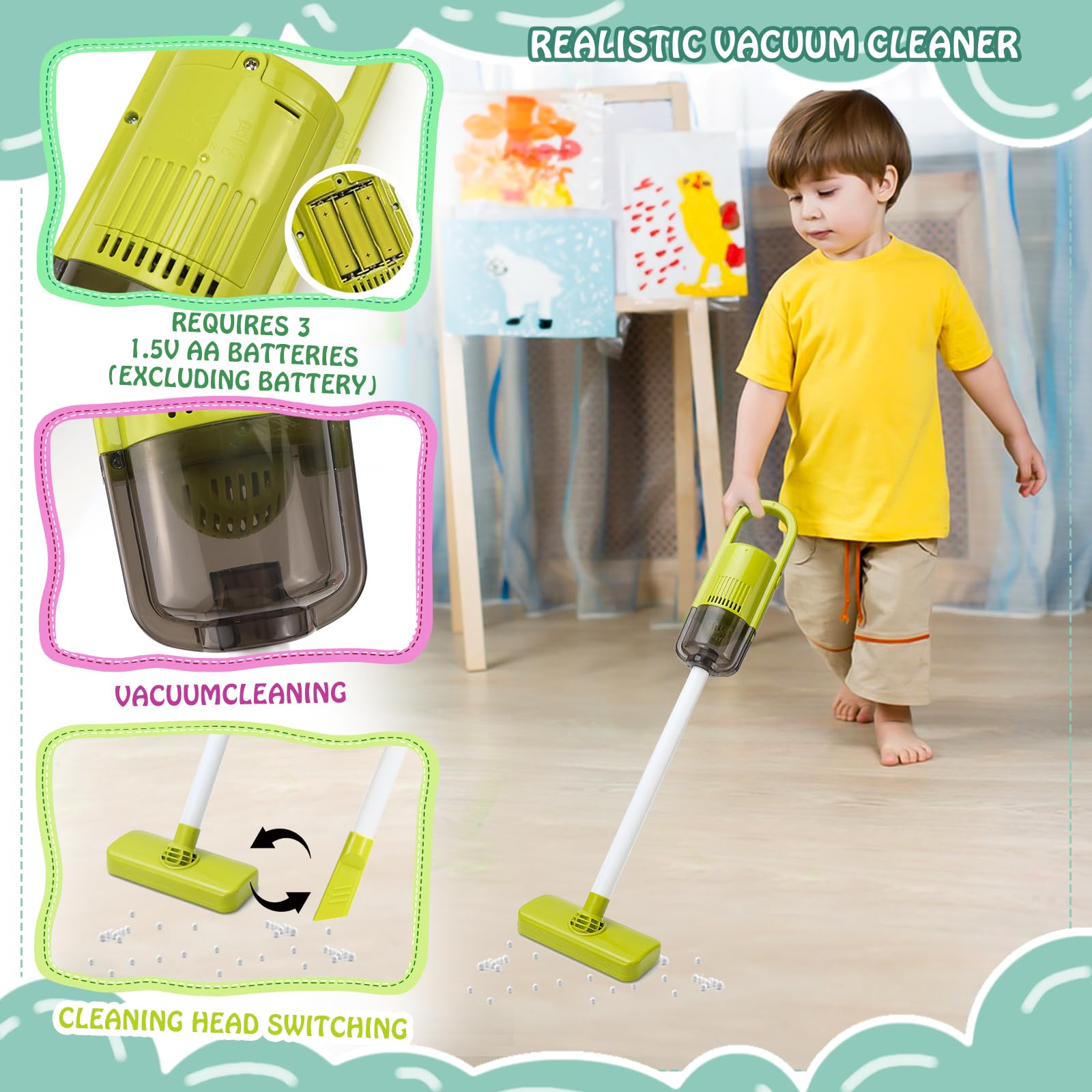 14 PCS Putzset für Kinder, Kinderstaubsauger, Kinderbesen Set Ab 2 Jahre, Putzset für Kinder Mit Saug und Soundfunktion (A-14)