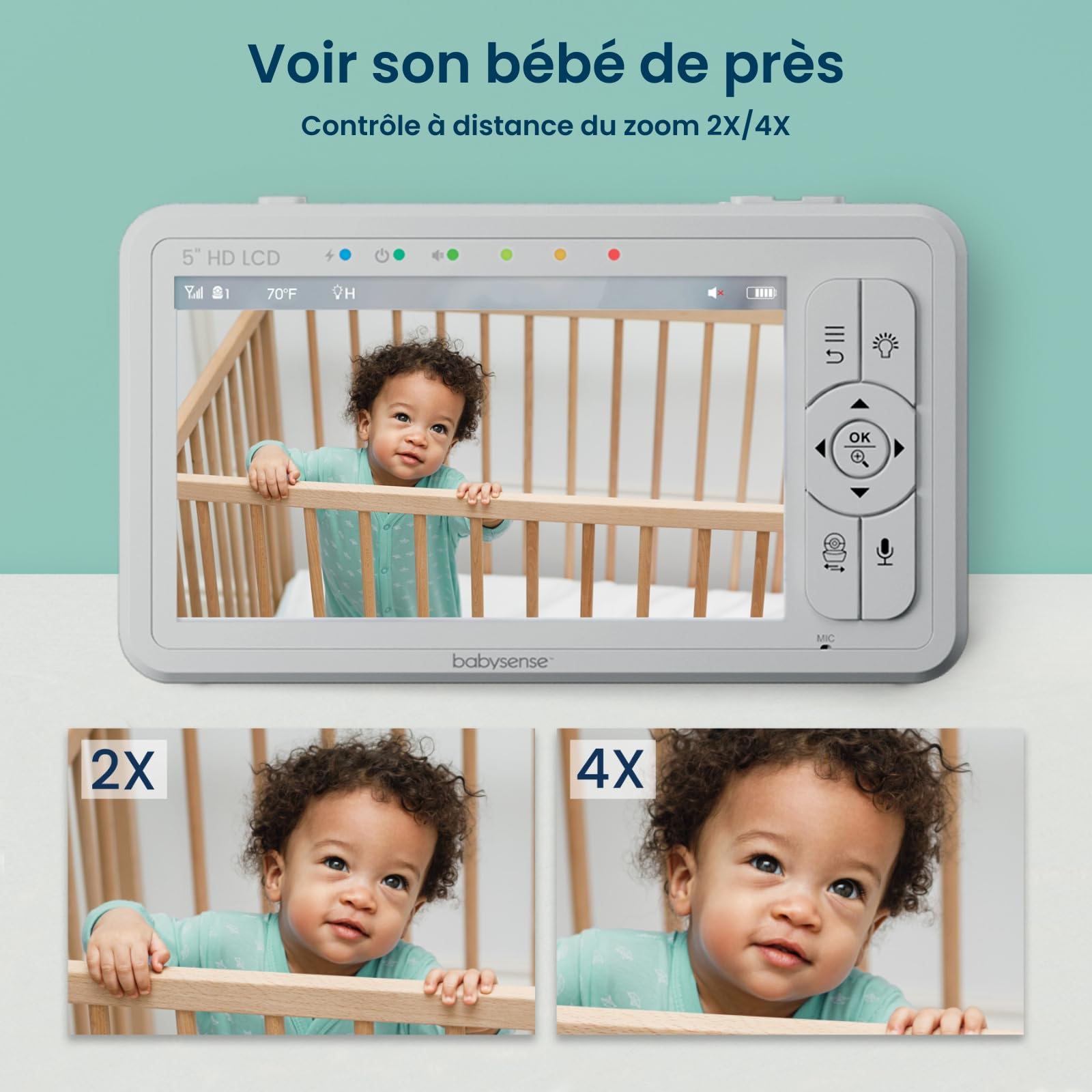Babysense Moniteur HD Vidéo pour Bébé - Babyphone avec Écran Divisé 5“ et 2 Caméras 720p, Conversation Audio Bidirectionnel, Longue Portée, Veilleuse Réglable, Vision Nocturne, Berceuses