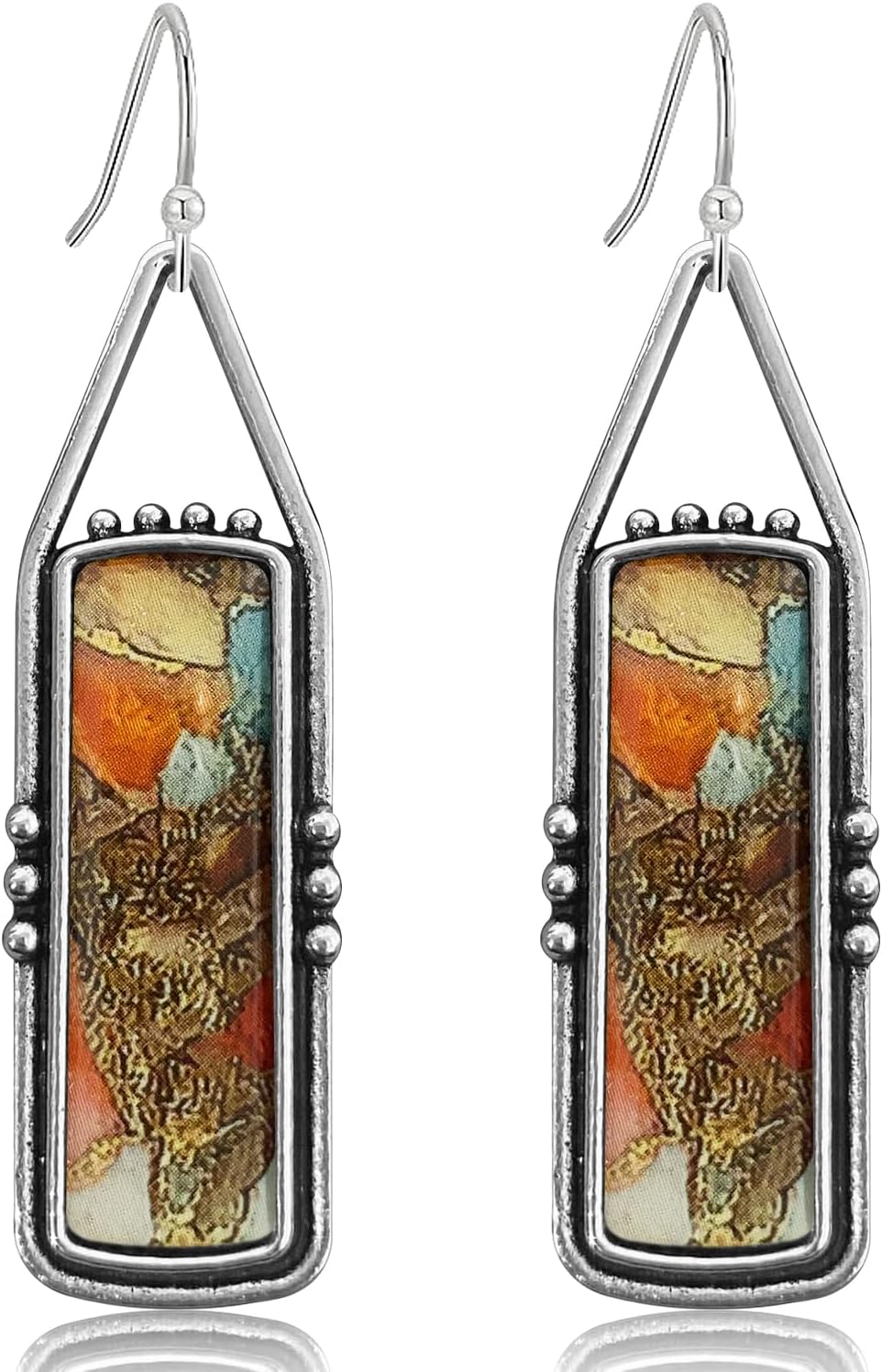 Handmade Bohemian Tribal Retro Colorful Square Bar Dangle Drop Earrings National Style Lightweight Vintage Silver Geometry Hook Earrings for Women