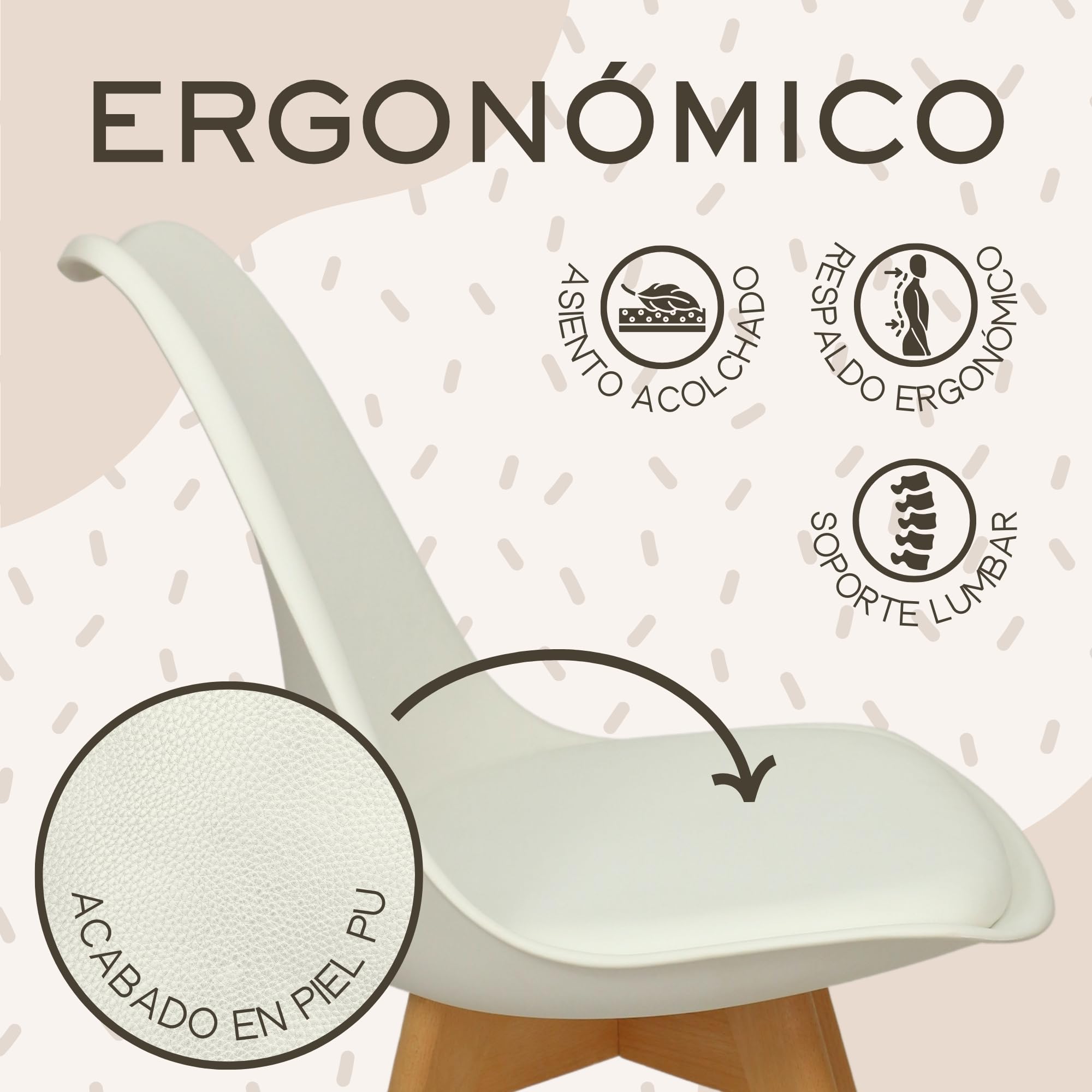 HOME DESIGN & CONFORT ®Sillas de Comedor Nórdicas con Respaldo Ergonómico con Material PU y Patas con 2,8cm de Anchura | Sillas de Cocina con Madera de Haya Maciza (6 Sillas Blancas)