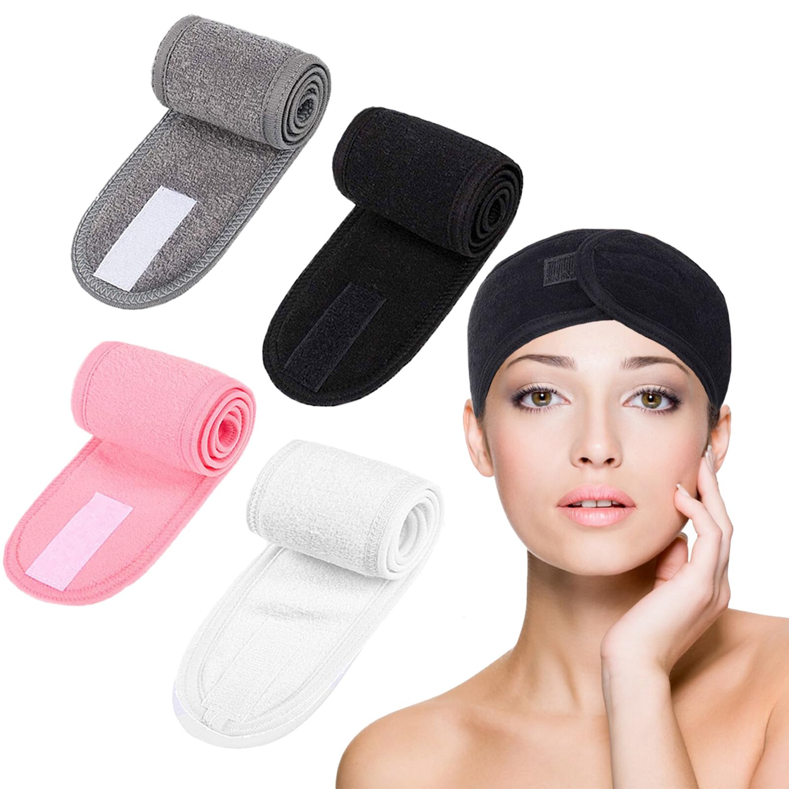 KEYRI 4 Piezas Diadema Para Mujer, Diadema de Maquillaje Cinta Pelo Maquillaje Elástico Diadema Toalla Ajustable Pelo Banda con Cinta Mágica Para Spa Yoga Deportes Belleza (Negro, Blanco, Gris, Rosa)