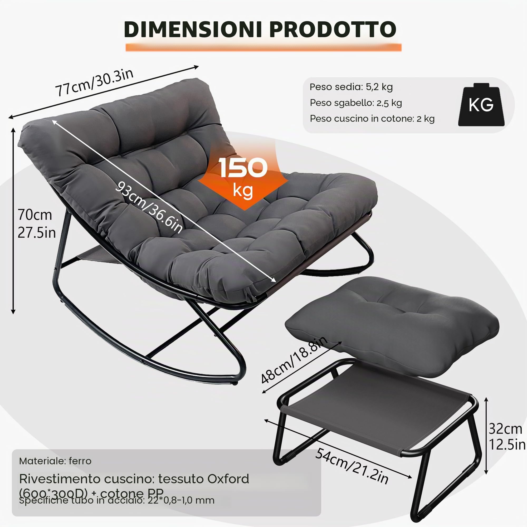 Sedia a dondolo per esterni, con sgabello, da giardino, con imbottitura, per soggiorno, comoda, grande, portata 150 kg, per giardino, terrazza, balcone (grigio)