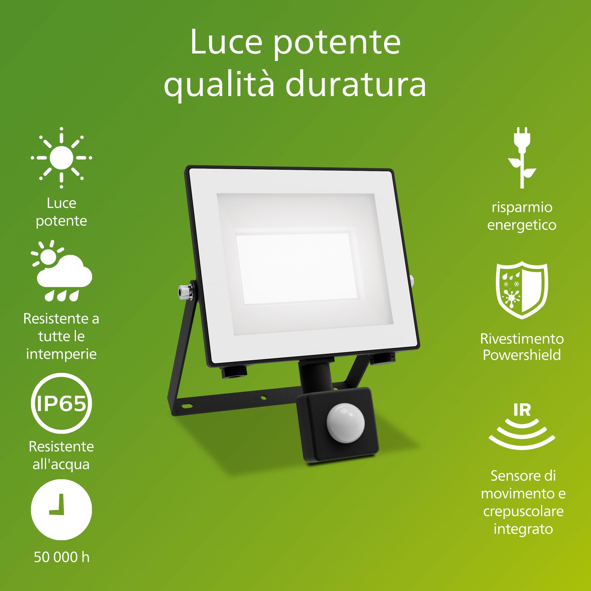 PHILIPS Lois UltraEfficient, Faretto da esterni con sensore, Antracite | 14 W, 5000 K, Durata fino a 50000 h, Rivestimento PowerShield, Resistente all'acqua e alle intemperie, Luce potente