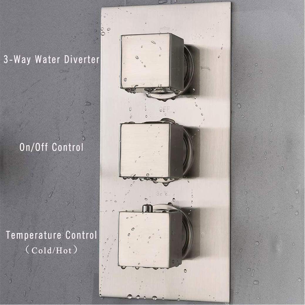 System natryskowy, termostatyczny, mosiądz szczotkowany, nikiel, 10-16 cali, sufitowy system natryskowy LED z deszczownicą, 6 strumieniami wody i zestawem prysznicow,16 Inch