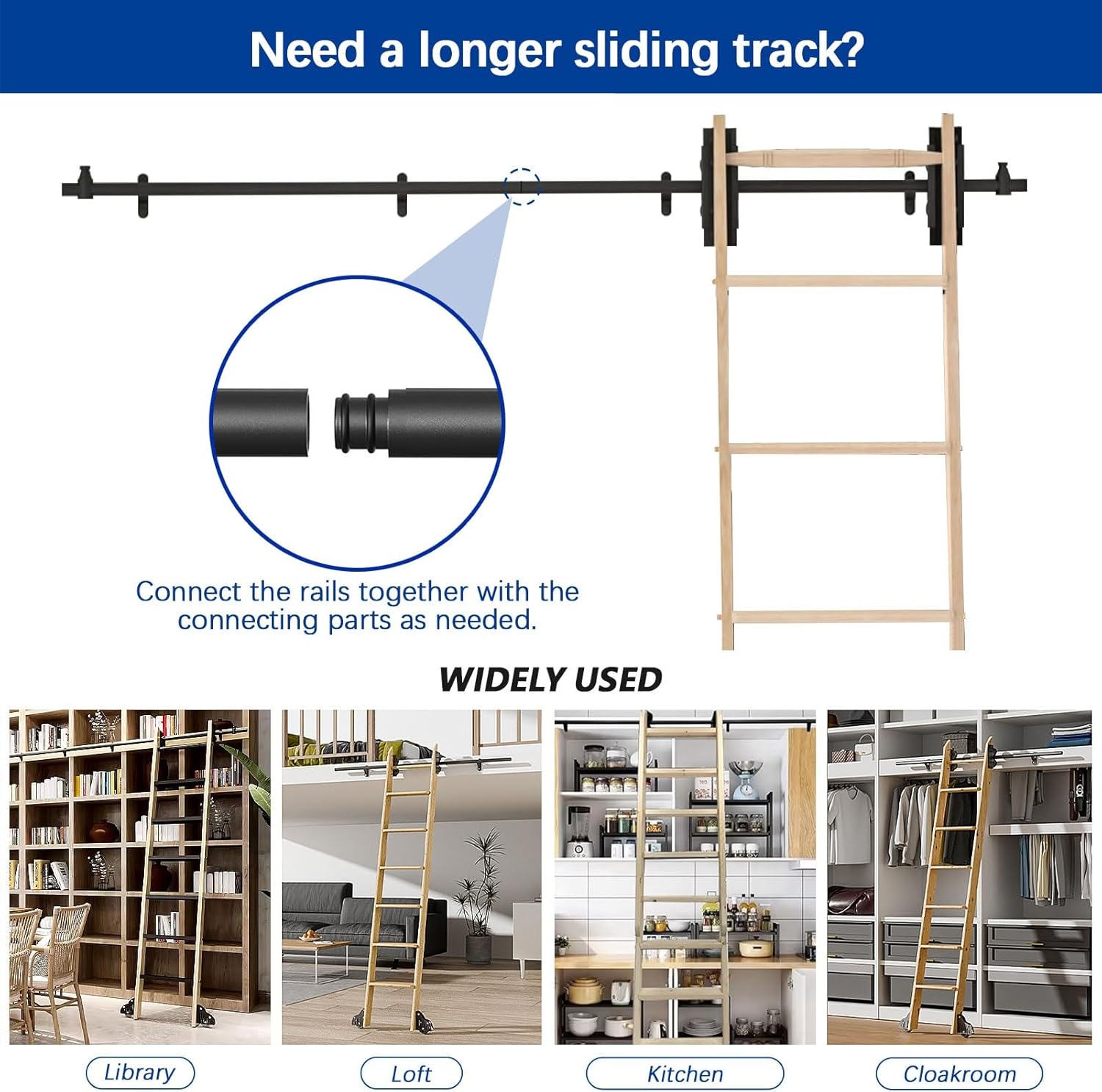 100cm-720cm Telescopic Sliding Ladder Hardware 3.3ft 4ft 6.6ft 8ft 10ft 13ft 20ft Black Metal Track/Rail - Stand Up Tensible Rolling Library Ladder Hardware Kit(13ft/400cm Track ki