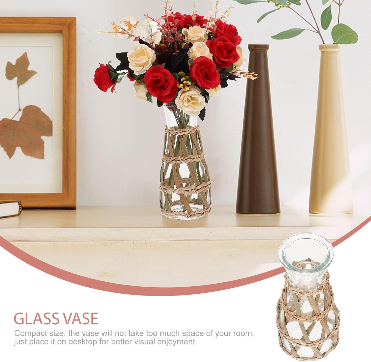 Rustic Woven Glass Vase 6.69In Clear Flower Vase with Straw Wrap Farmhouse Table Centerpiece for Fresh and Dried Flowers - Image 7