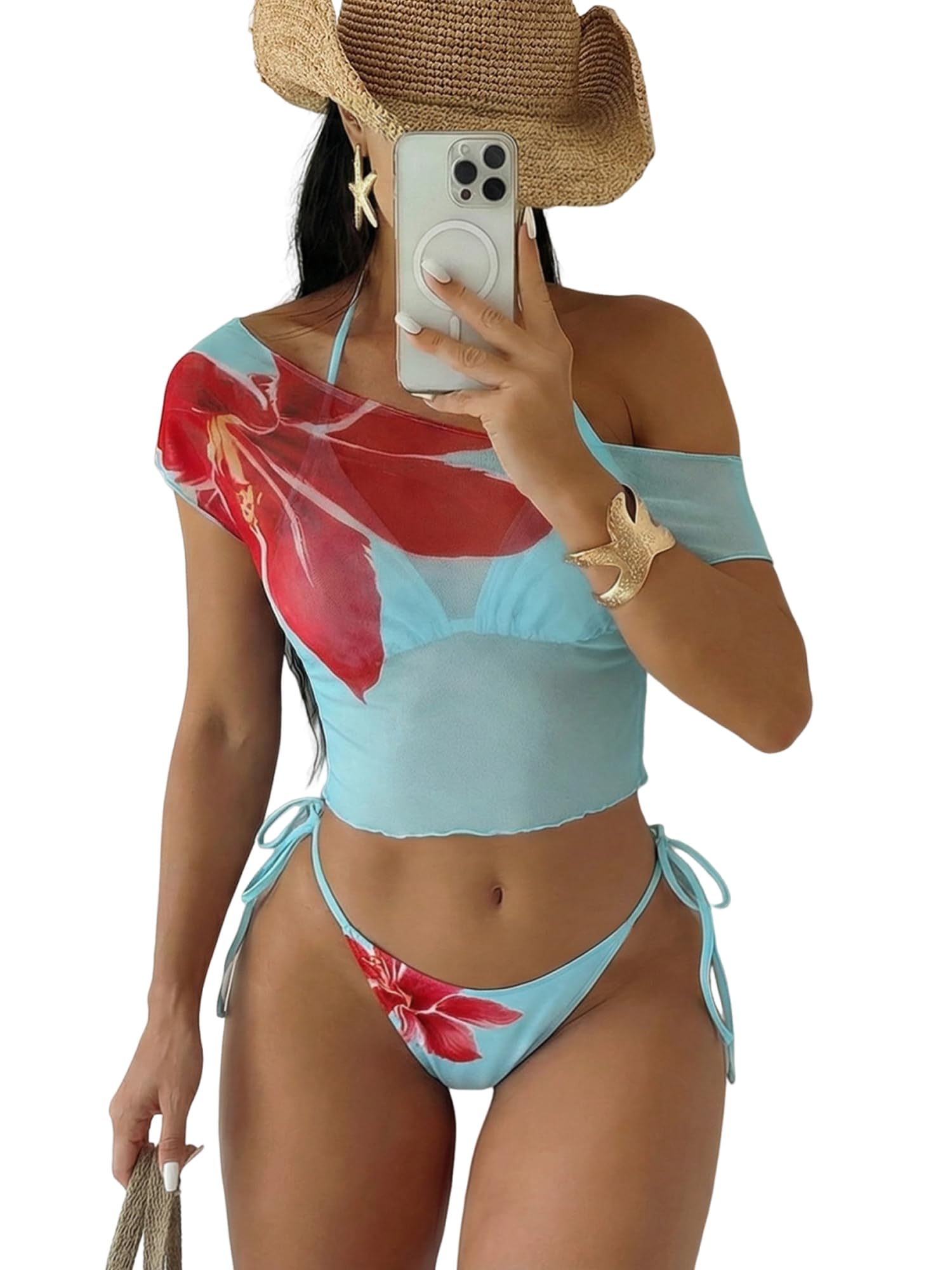 ZAFUL 3pcs Bikini for Women Triangle Halter Bikini Sets with Coverup Tops High Cut 3 Piece Swimsuits Floral