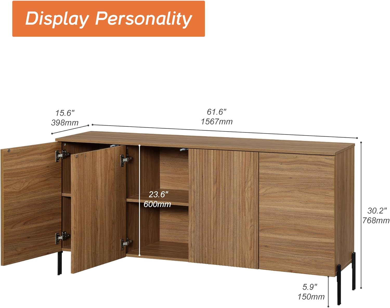 WAMPAT Fluted Buffet Cabinet with Storage, 61.5" Large Sideboard Cabinet with Storages, and 4 Doors,Modern Buffet Table Coffee Bar Wine Bar Storage for Dining Room,Brown