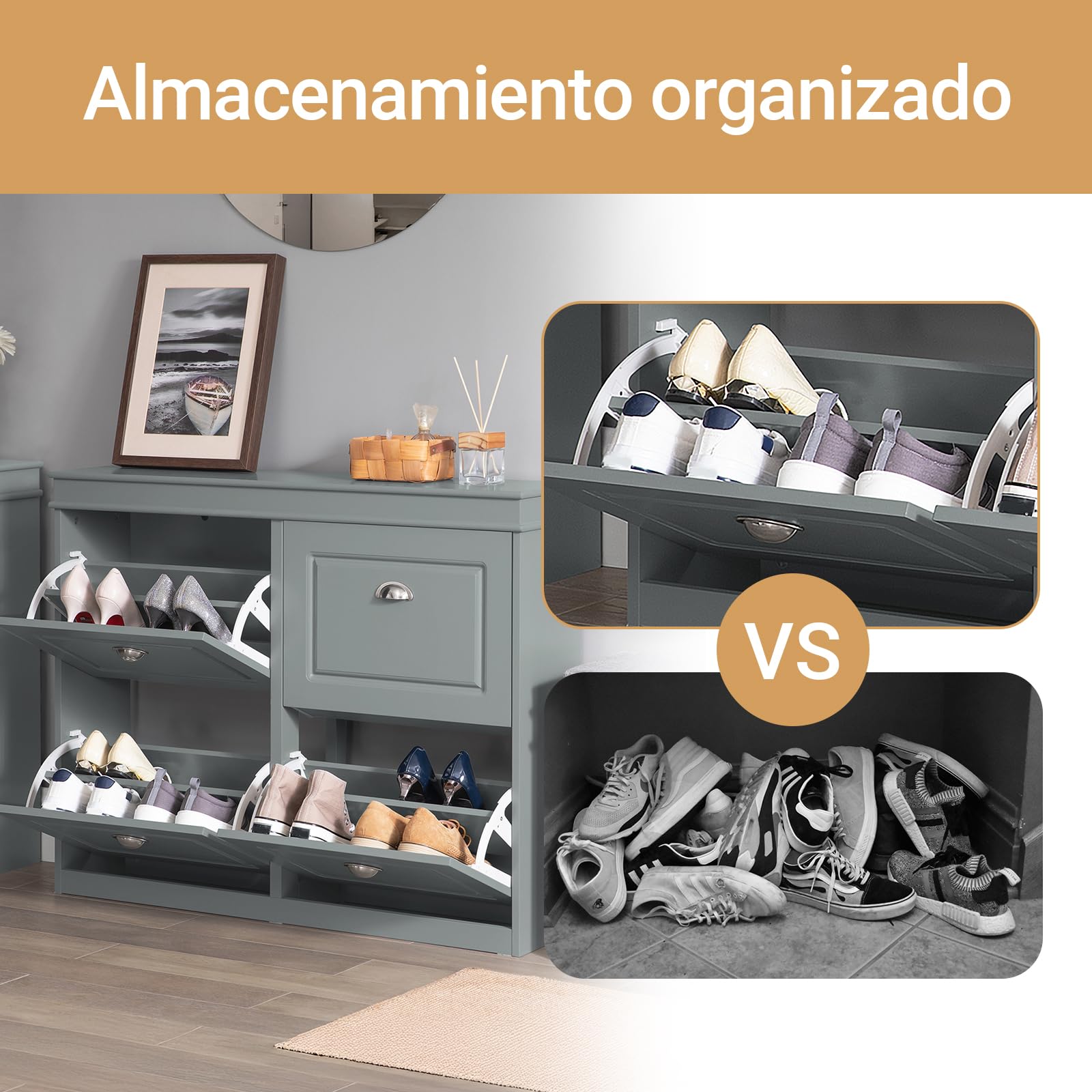 SoBuy FSR79-HG Szafka na buty z 4 uchylnymi drzwiczkami, regał na buty z 8 półkami, komoda na buty, kolor jasnoszary, szer. x wys. x gł.: ok. 105 x 82 x 24 cm