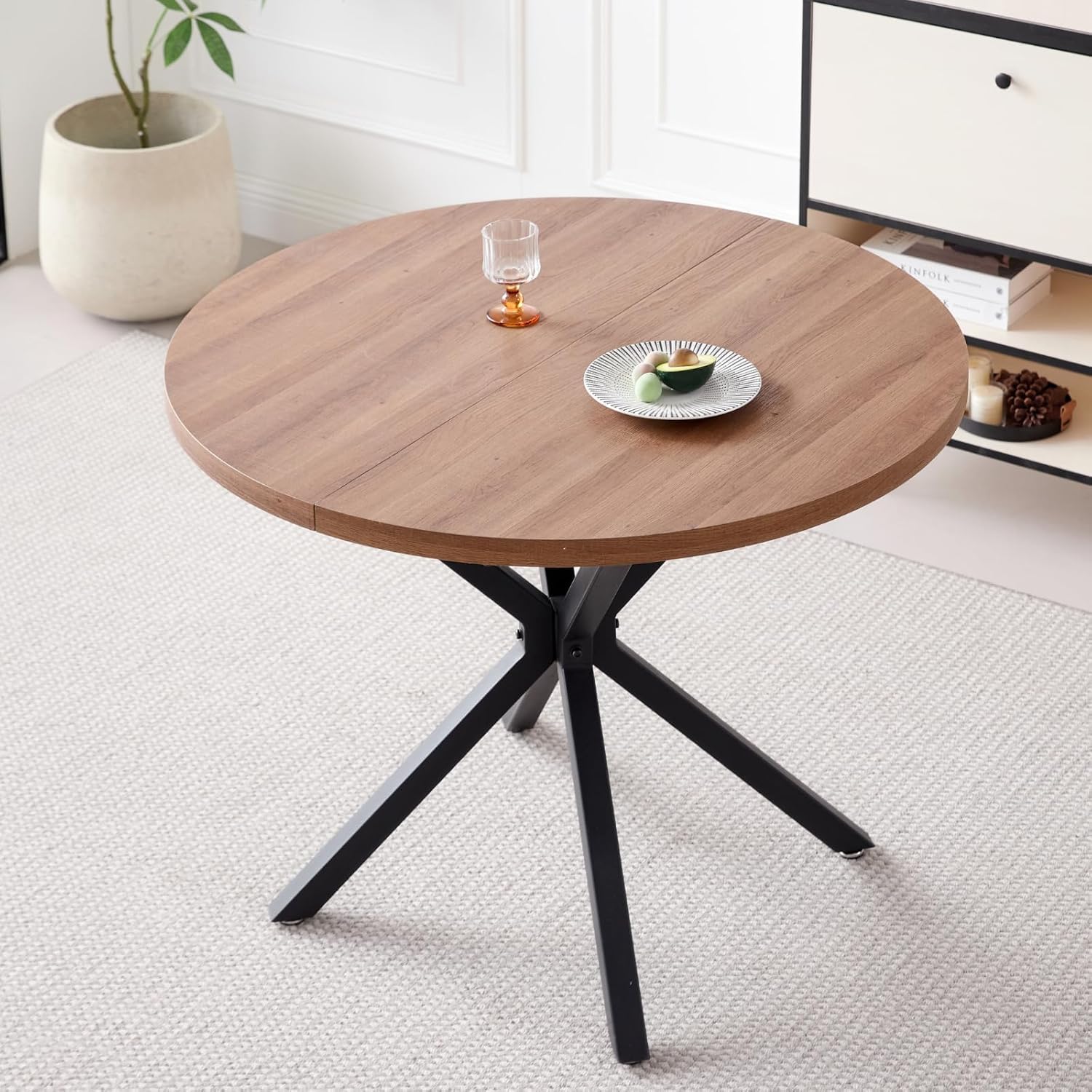 Set Sala da Pranzo, Tavolo da Pranzo Rotondo 100cm con 4 Sedia da Pranzo Imbottita in Vello Olandese, Ideale per Cucina, Soggiorno, Sala da Pranzo (Legno Scuro+Nero (Vello Olandese))