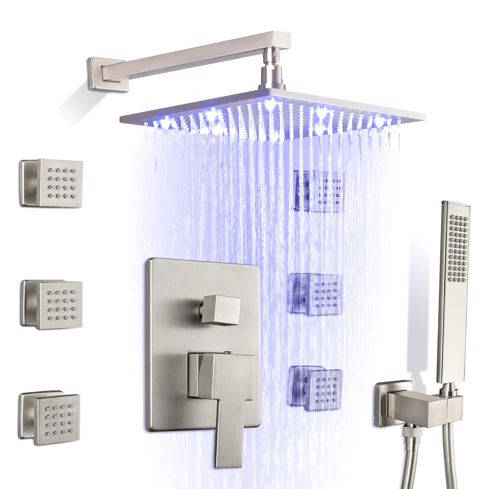 SKOWLL Brushed Nickel Shower System with Body Jets 12 Inch LED