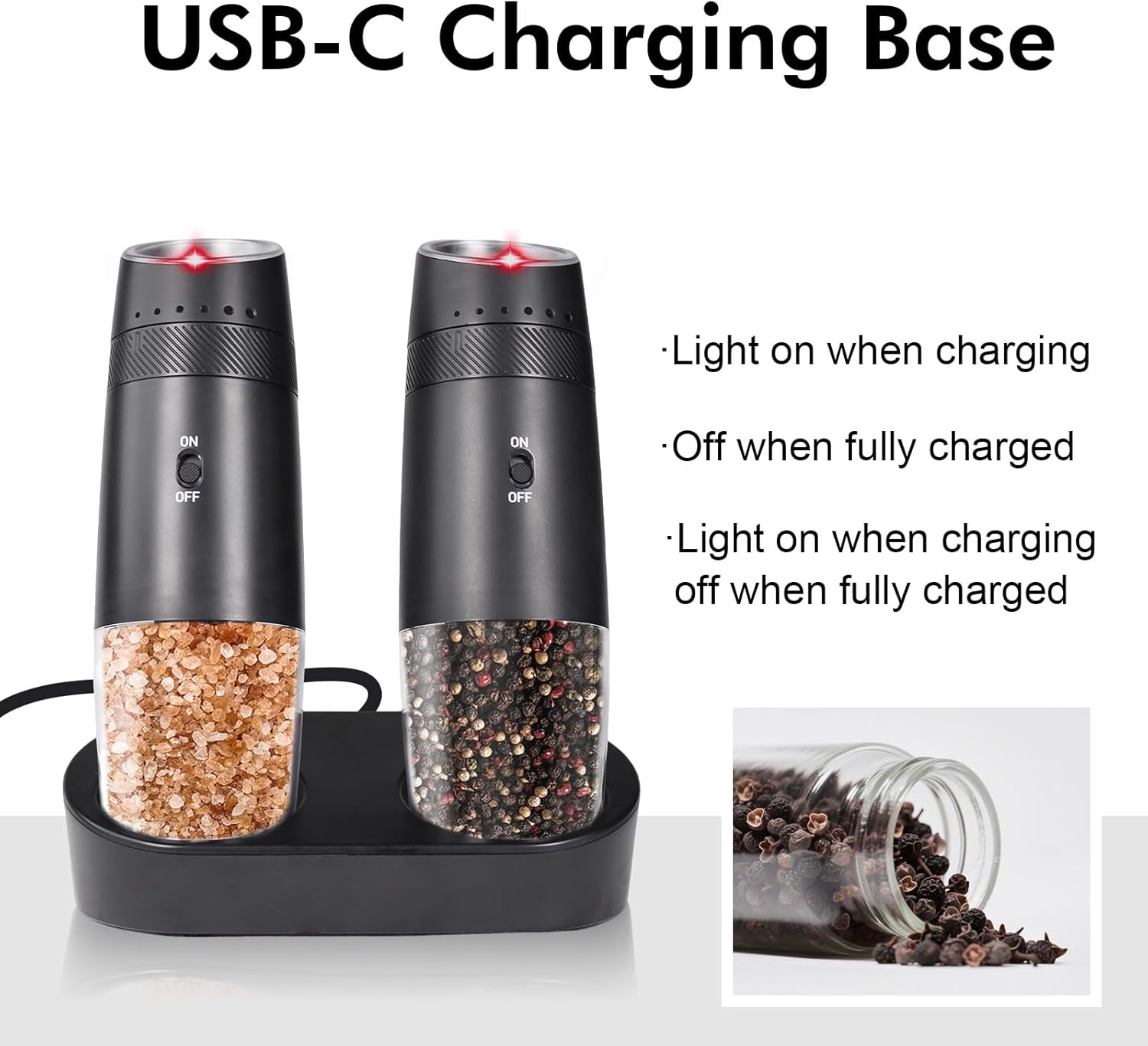 Gravity Electric Pepper and Salt Grinder Refillable Set - Automatic Shakers Pepper Mill, Adjustable Coarseness, with Rechargeable Base & LED Light