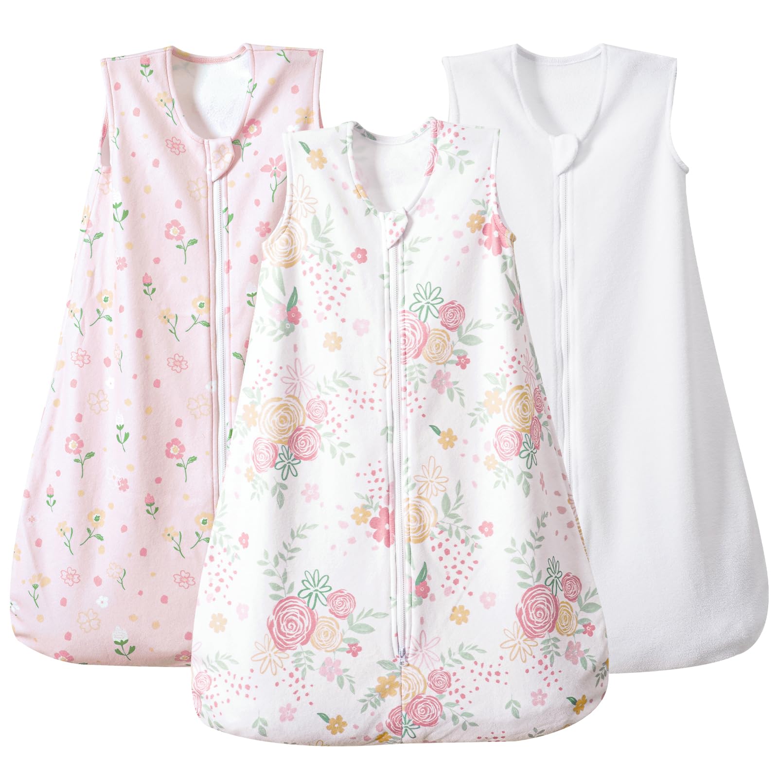 PHF 3 Pack Soft Micro-Fleece Baby Sleep Sack, 12-18 Months Warm Baby Wearable Blanket, 2-Way Zipper Sleeping Bags, Comfy Toddler Sleeping Sack for Baby Girls, Large Size, Rose Floral