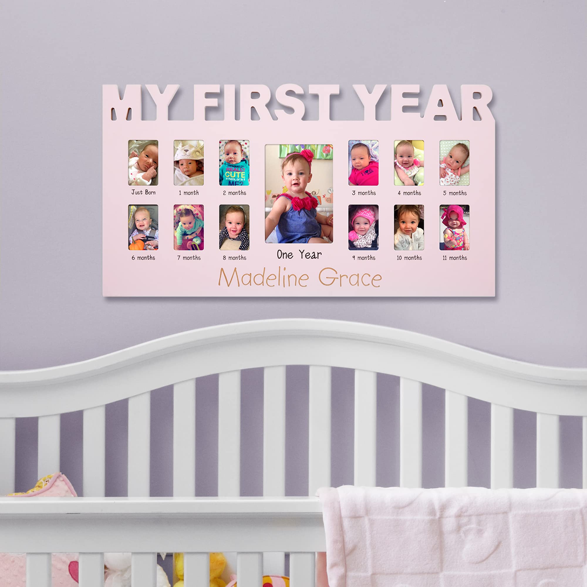 Let's Make Memories Personalized Baby's First 12 Months Photo Frame- New Parents- Newborn- Nursery - Pink
