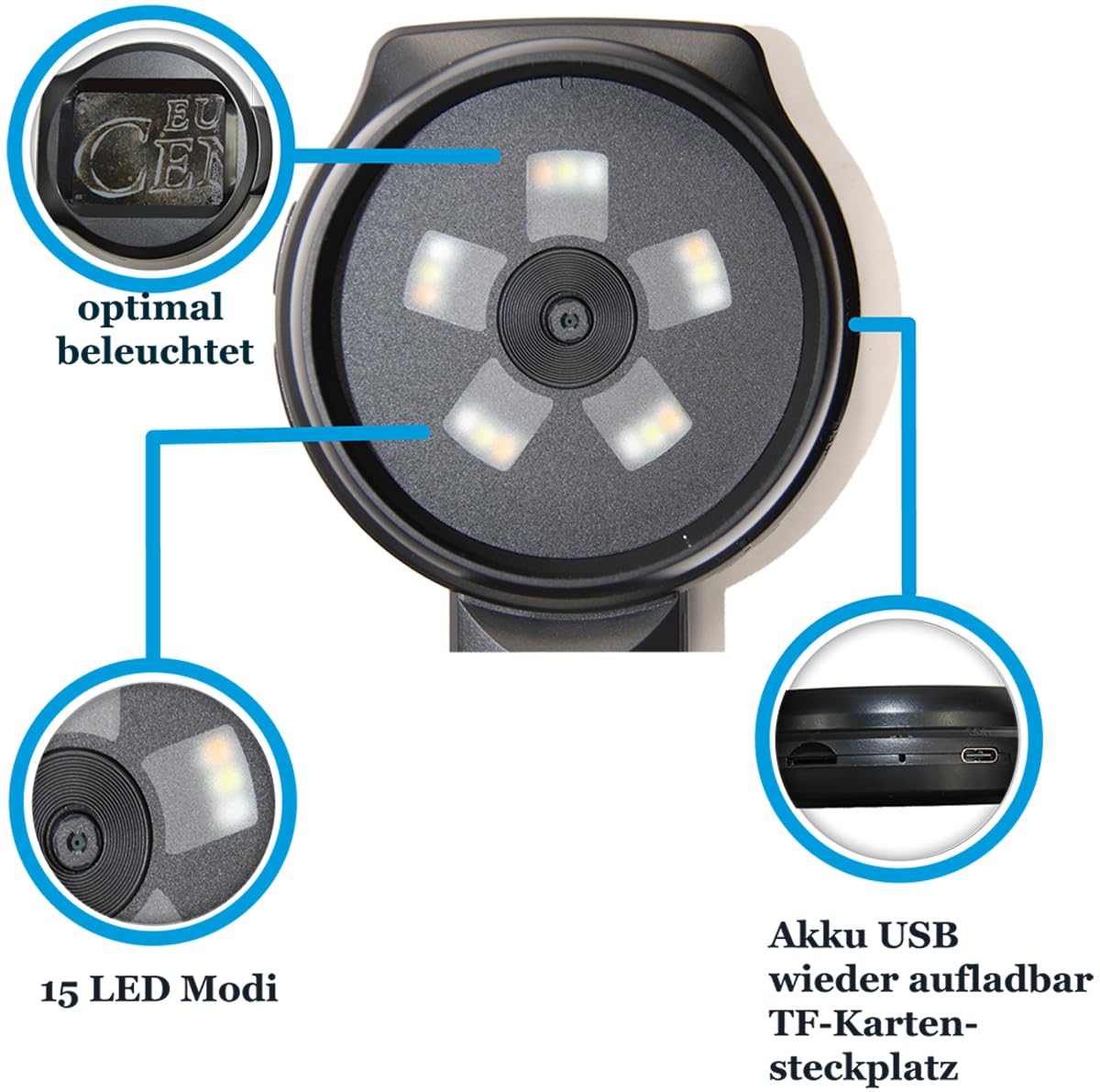 EasY Magnifier Digital Mikroskop Lupe mit USB, Aufladbares Handmicroskop mit 2,8 Zoll IPS Display & 15 LED Licht, Reale 500fache Vergrößerung für Schmuck, Münzen