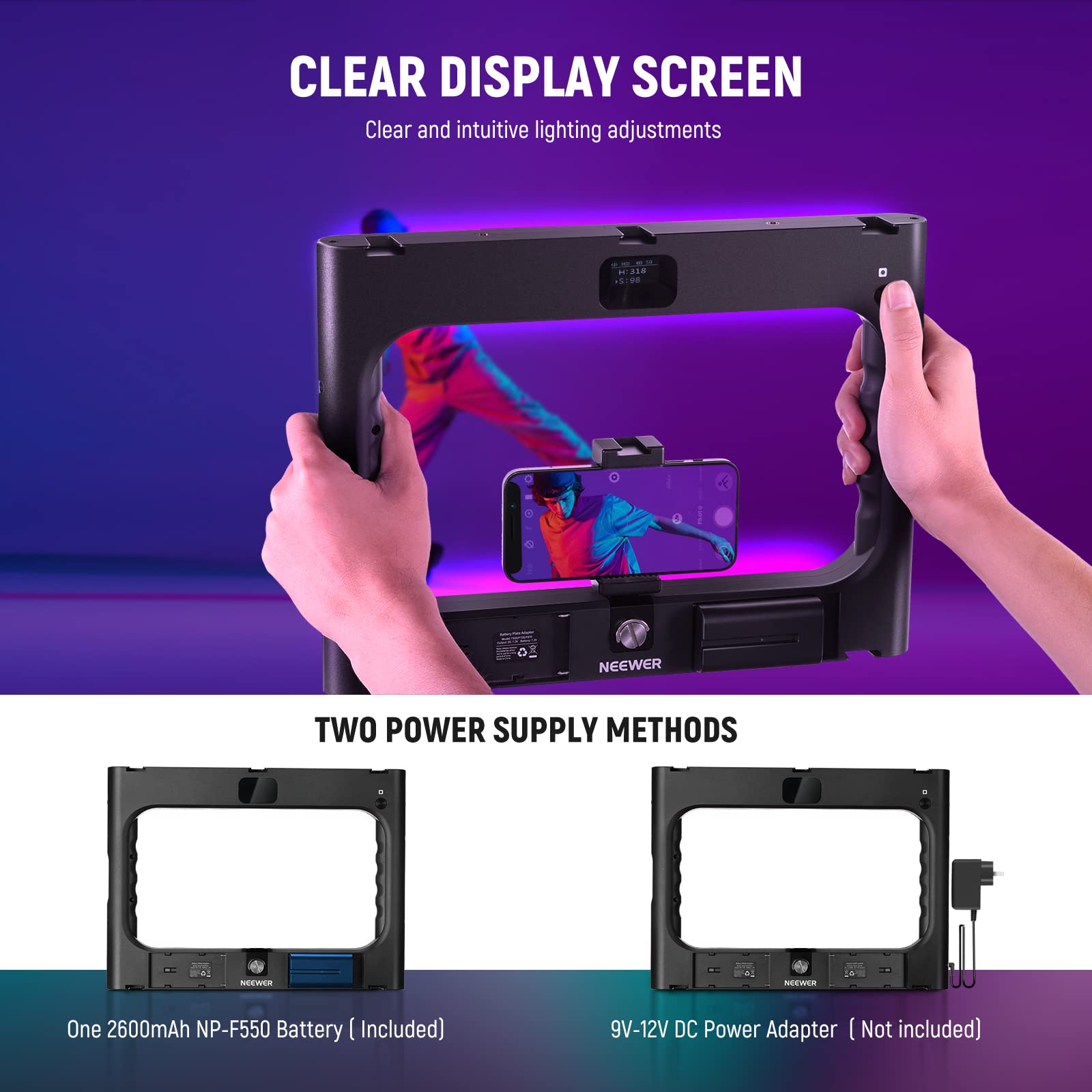 NEEWER RGB A111 II Handy Video Rig mit Beleuchtungsset, für vertikale Aufnahmen, Stabilisator für Hand Kamerakäfig mit Zubehörschuhen/Verschluss/Batterie, 17 Szenen RGB Ringlicht 2500K-10000K CRI97+