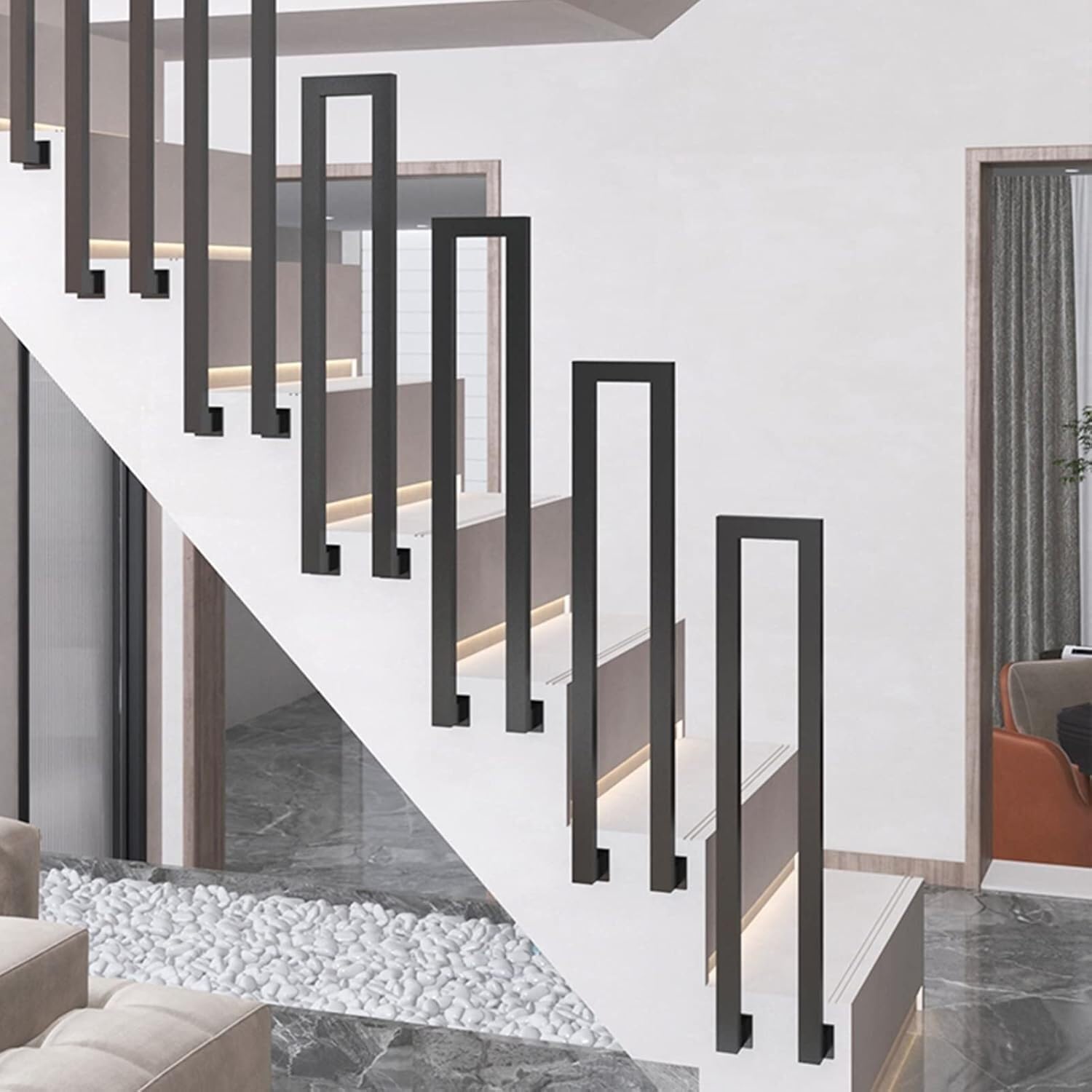 WaiDXn Black Metal Wall-mounted N-type Outdoor Stair Handrail, Suitable For Porches, Attics, Villa Corridors, And Gardens(3.1ft/95cm)